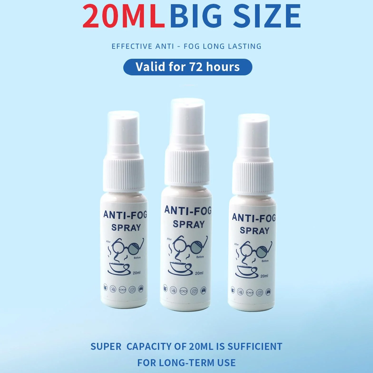 Spray przeciwmgielny do okularów pływackich, 20 ml odmgławiacz do okularów, długotrwałe rozwiązania przeciwmgielne, odporny na smugi spray przeciwmgielny do okularów, lusterek, okien, gogli do