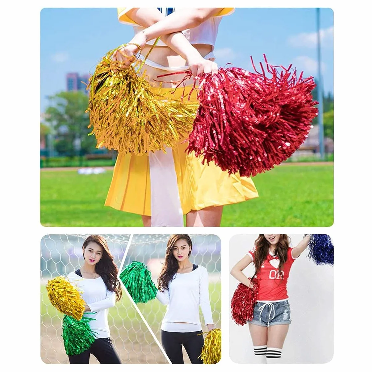 ICECHEN 24 szt. pompony cheerleaderek metaliczne foliowe pompony cheerleaderki z plastikowym uchwytem dla dorosłych dzieci cheerleaderki impreza niebieskie