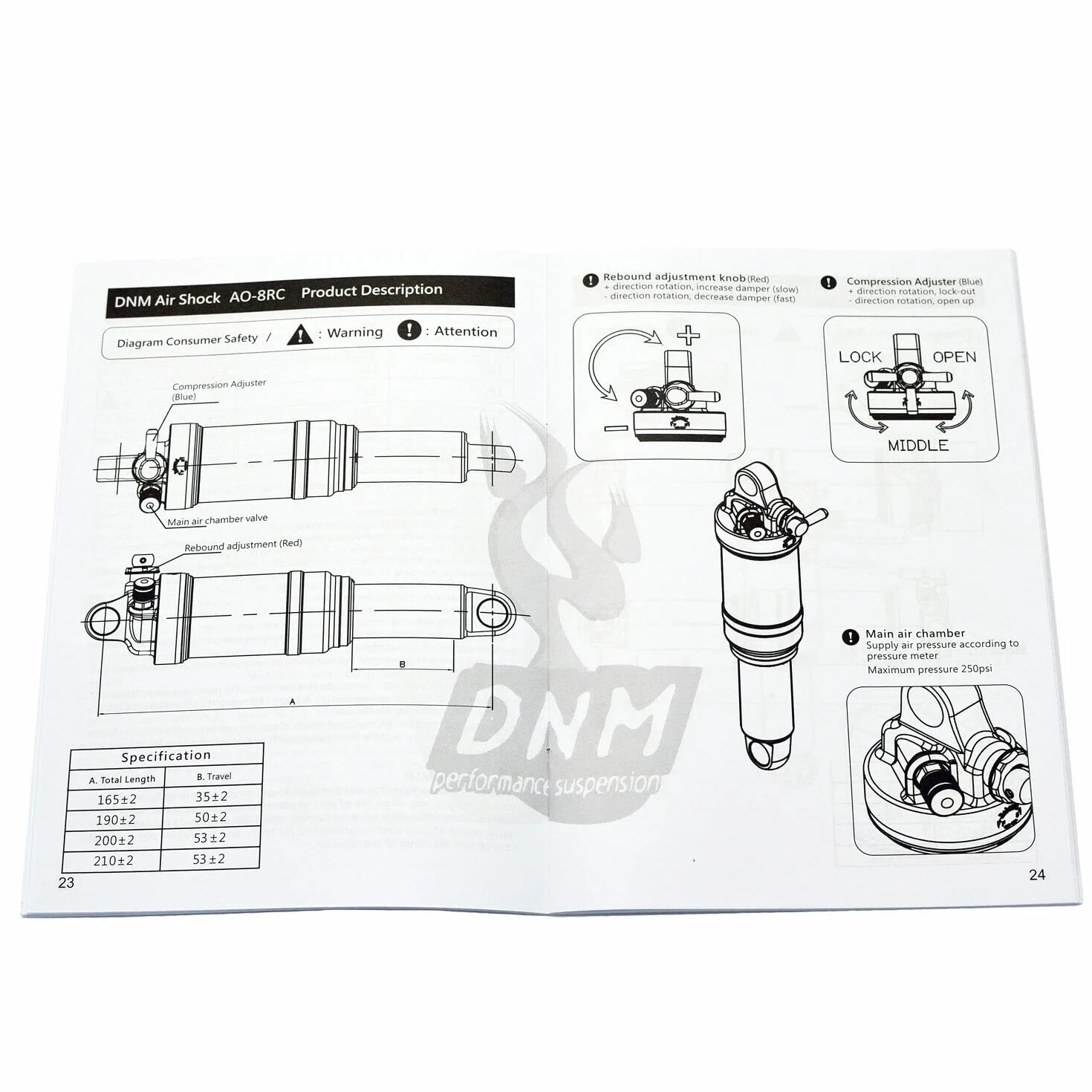 DNM AO-8RC 190 x 50 mm tylny amortyzator do roweru górskiego z blokadą, ST2676