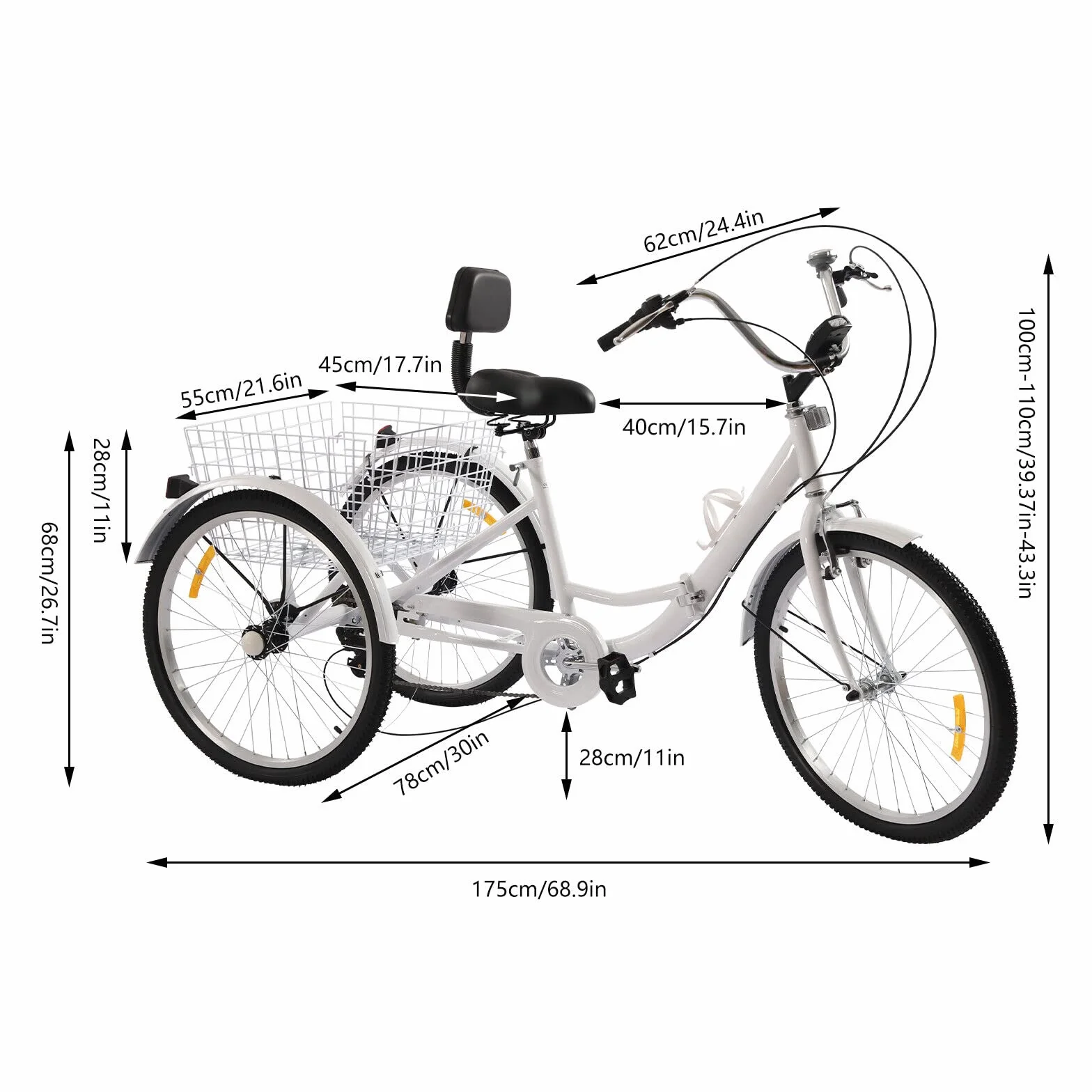 Rower trójkołowy dla dorosłych 24″ składany 7 biegów LED kosz