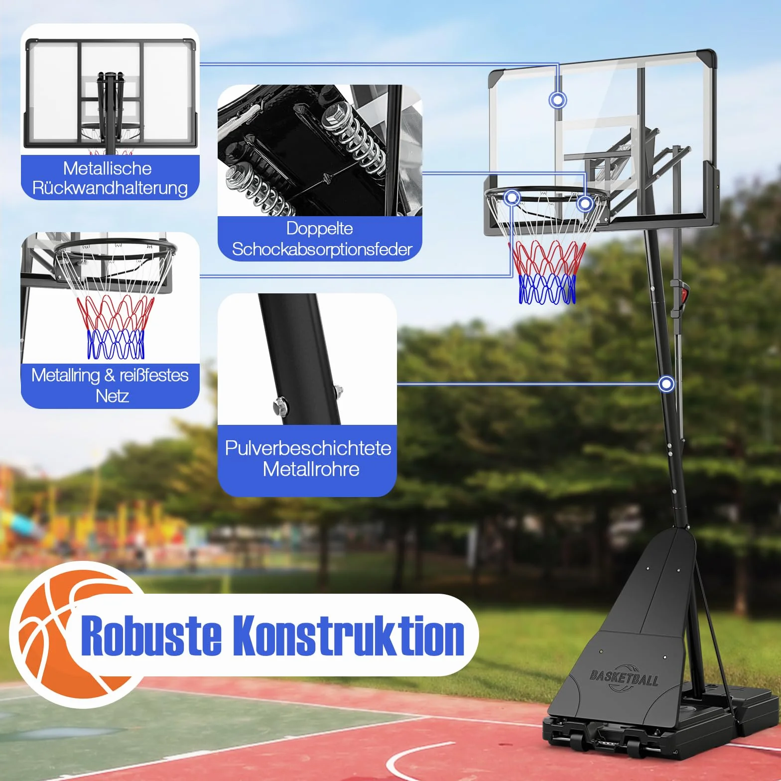 GOPLUS Kosz do koszykówki do użytku na zewnątrz, regulowana wysokość 150-305 cm, kosz do koszykówki z tylną ścianką PC, stojak do koszykówki z kółkami, dla dzieci, młodzieży i dorosłych