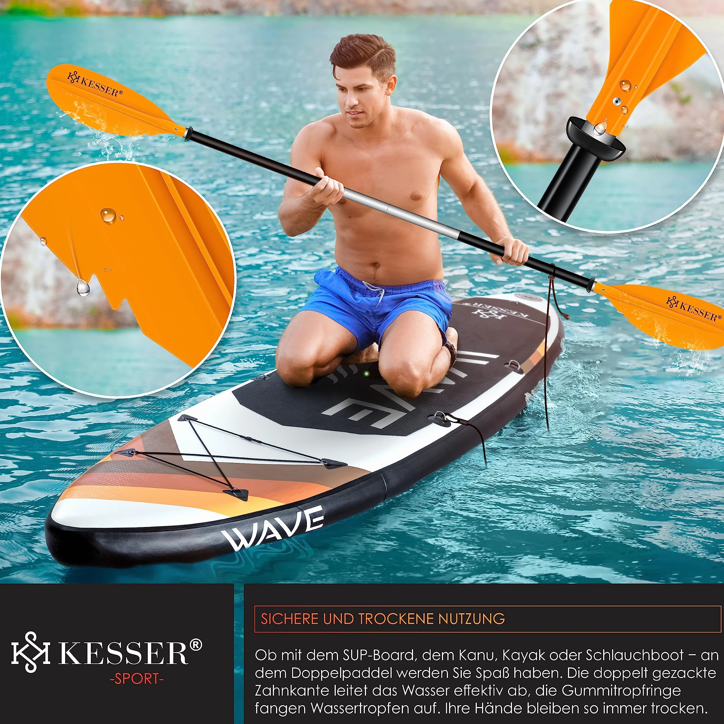 KESSER® Podwójne wiosło – 4-częściowe do kajaka, SUP, SUP, 228 cm, aluminium, super lekkie, do pontonów, kajaków, surfingu, łodzi