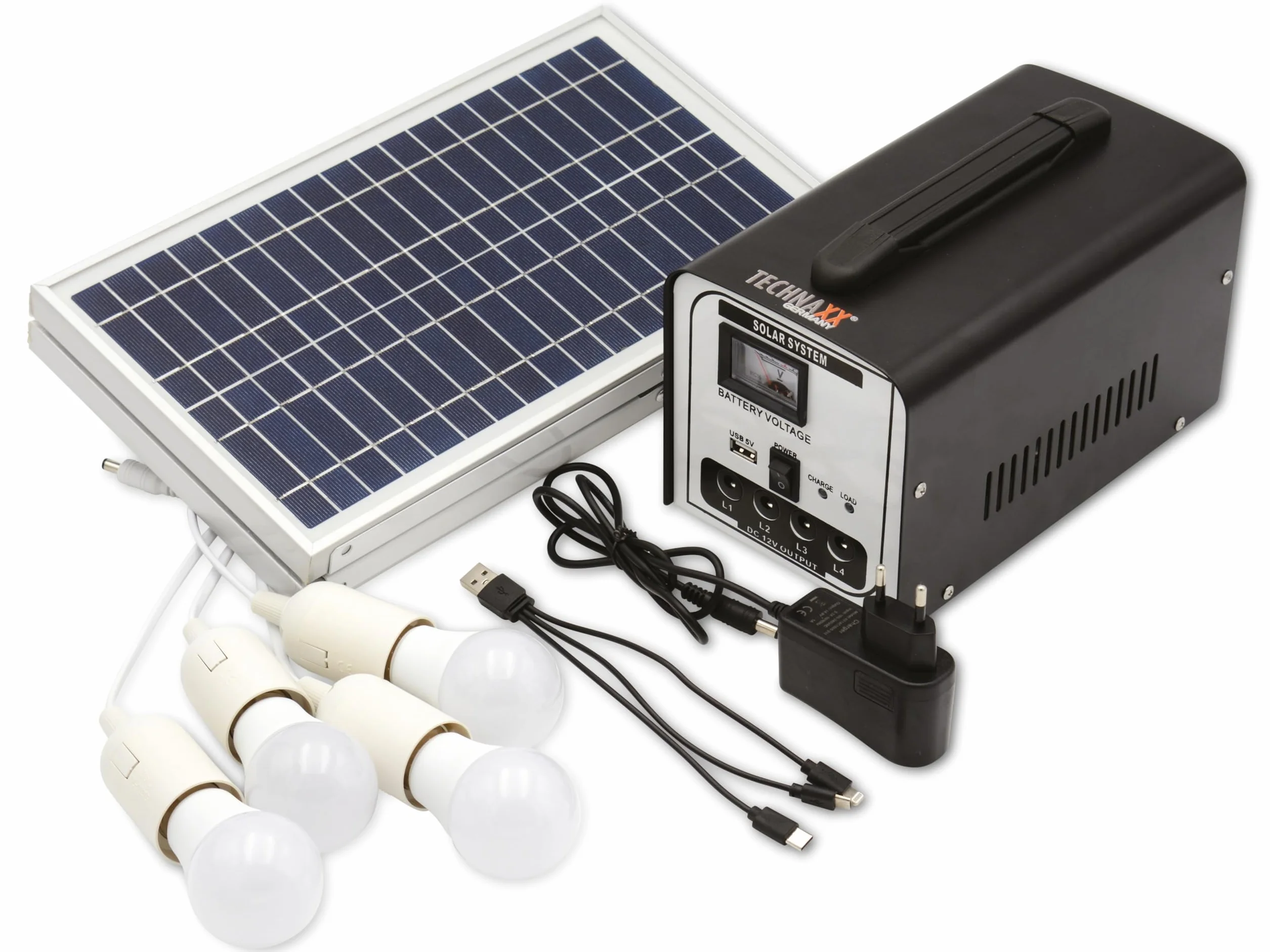 Technaxx TX-200 solarna stacja zasilająca 18 W składany panel słoneczny 4 żarówki LED na zewnątrz kemping awaryjny