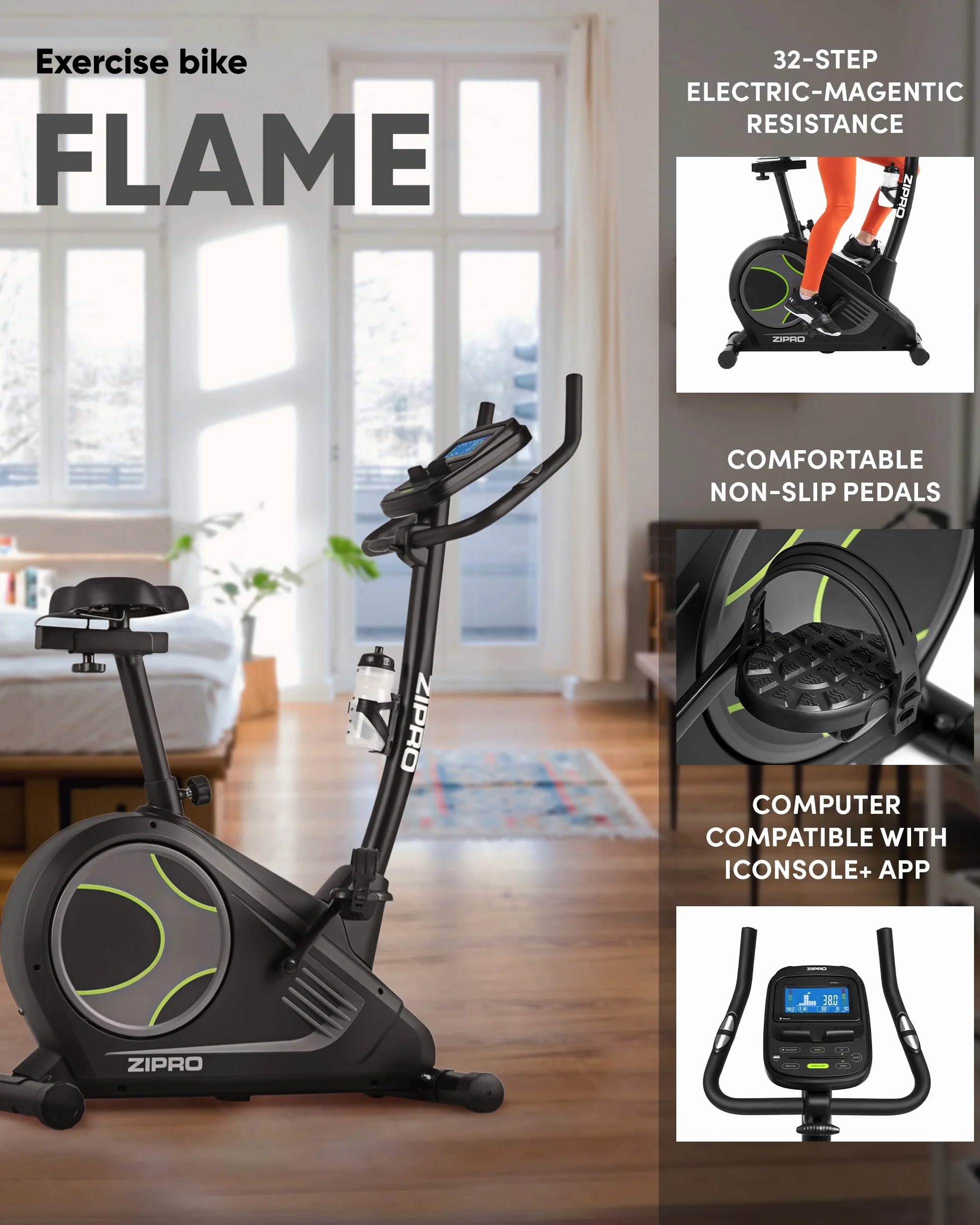 ZIPRO Flame Rower Stacjonarny Elektryczno-Magnetyczny - Domowy Sprzęt Fitness - Kompatybilny z iConsole i Kinomap - Sterowanie za Pomocą Smartfona - Pomiar Pulsu i Tkanki Tłuszczowej