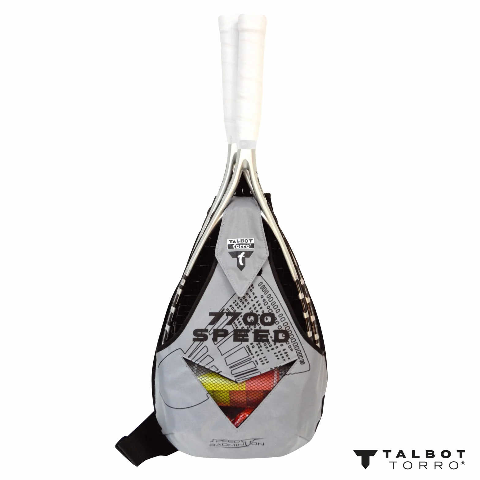 Talbot-Torro Speed-Badminton zestaw premium Speed 7700, 2 mocne grafitowe rackety, 6 odpornych na wiatr lotek, system linii do oznaczania pola gry, w modnym plecaku, 490117