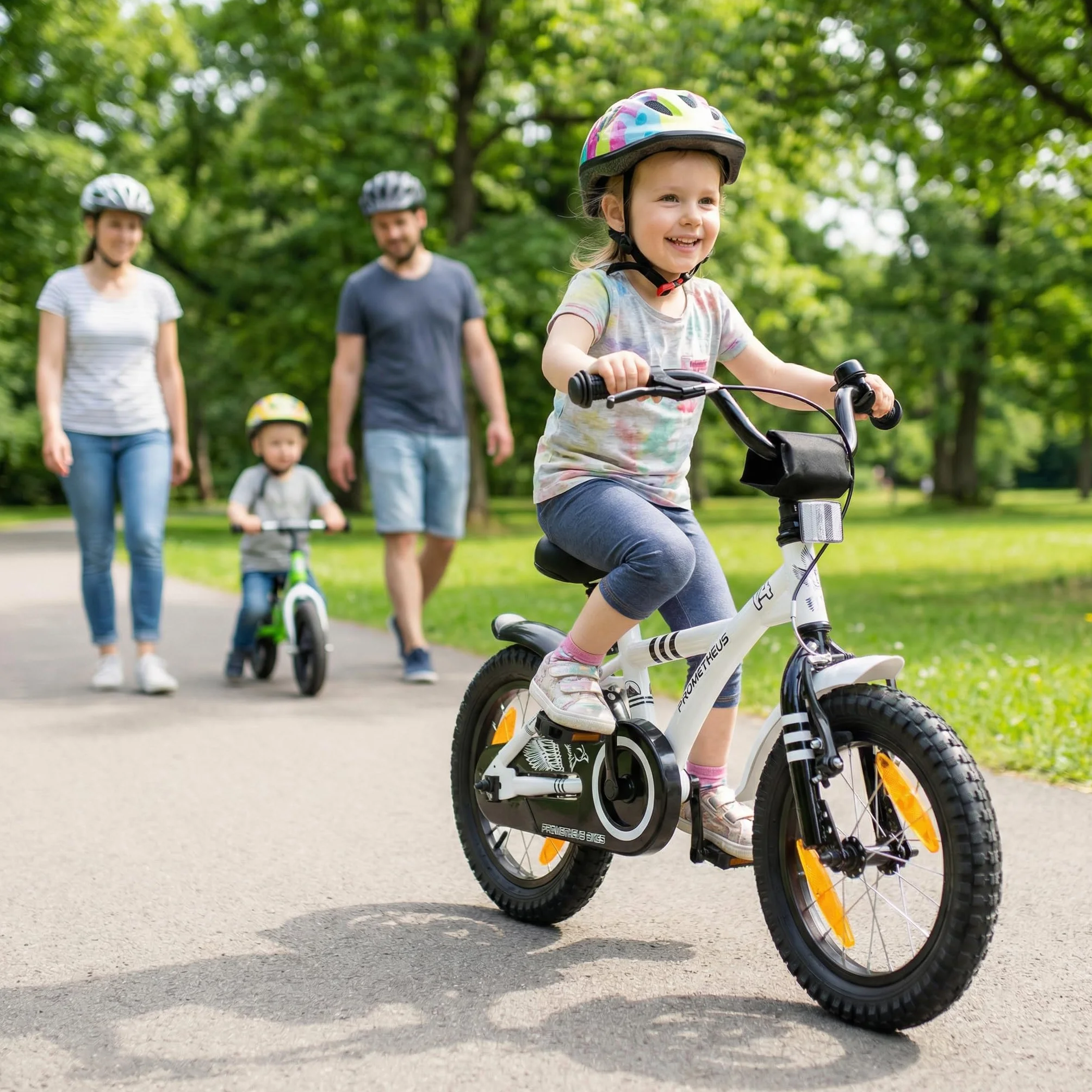 PROMETHEUS BICYCLES Rower dziecięcy 14 cali od 4 lat – rower dziecięcy, dla dziewcząt, chłopców, z kółkami podporowymi, hamulec nożny w kolorze białym