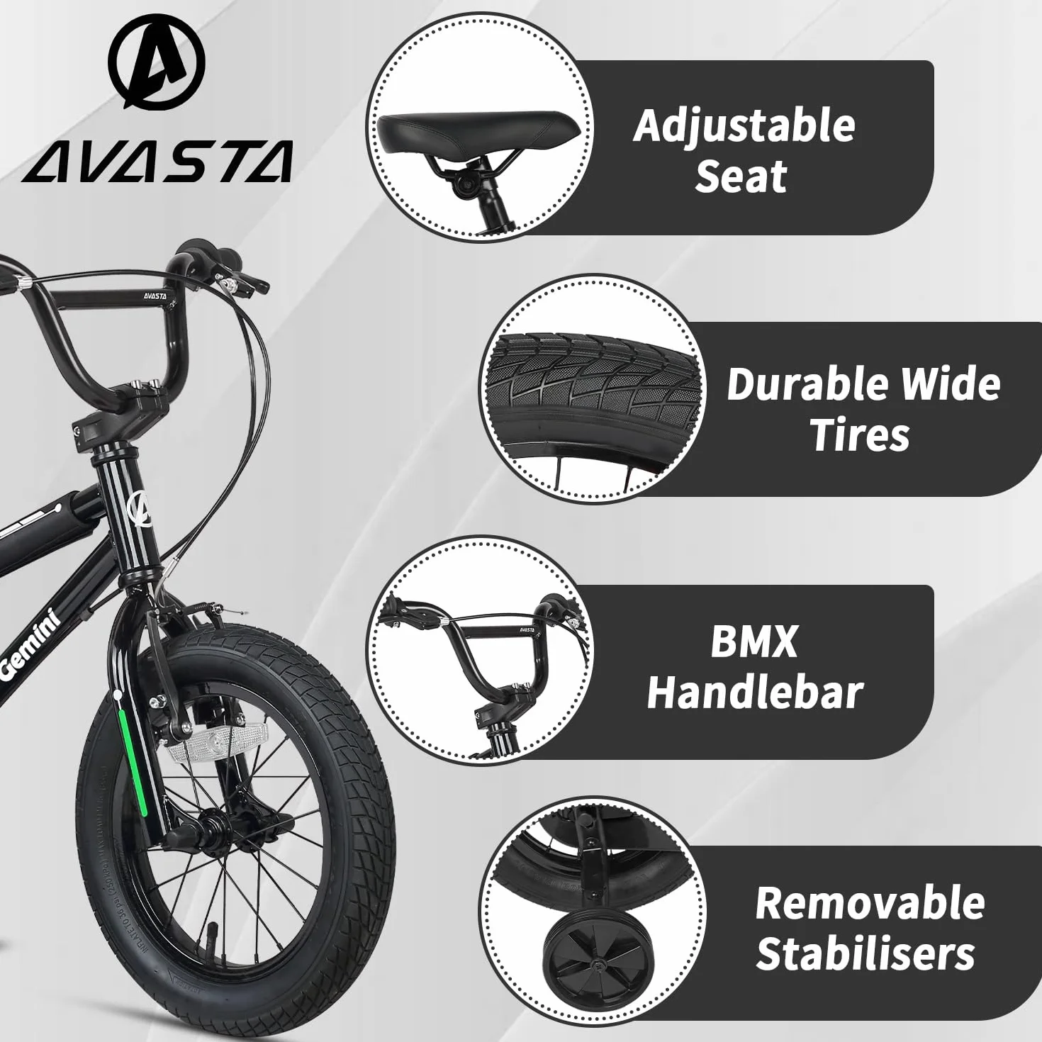 AVASTA rower dziecięcy BMX 12-16 cali stabilizatory 1-8 lat