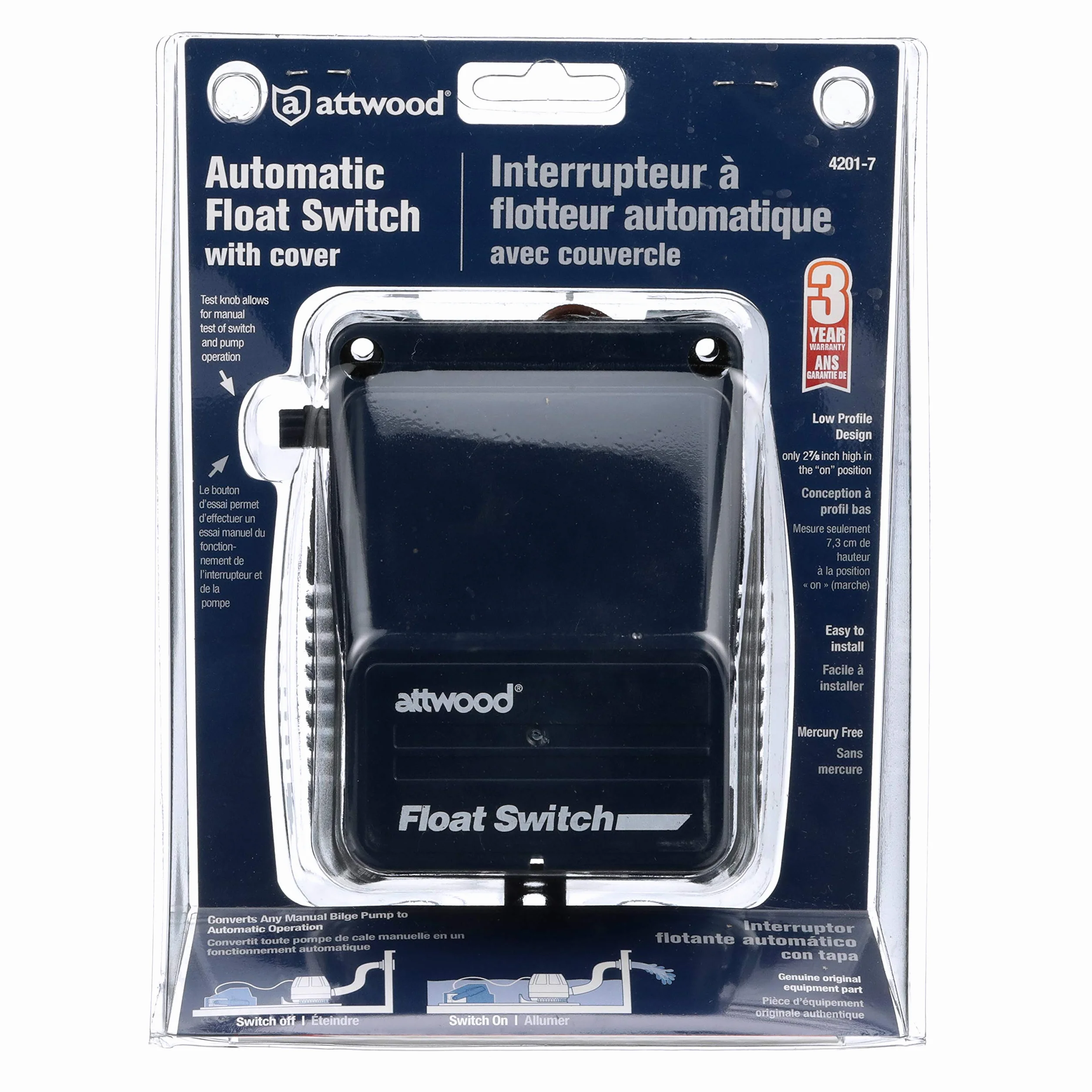 Attwood 4201-7 przełącznik automatyczny z pływakiem, 12-24 V, 67 mm x 108 mm