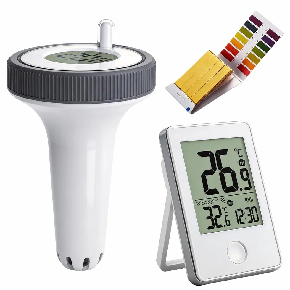 Bezprzewodowy termometr do basenu, SGZIOO Termometr do basenu, z zewnętrzną temperaturą LCD, zasięg do 60 m, wodoszczelność IP67, do akwarium, spa, staw rybny