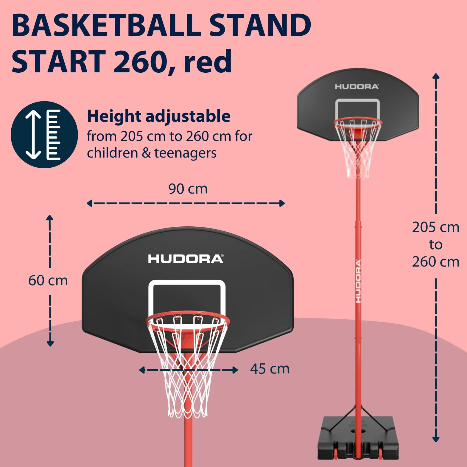 HUDORA Start stojak do koszykówki 260 – kosz do koszykówki z regulacją wysokości od 205 do 260 cm – mobilna waga koszykowa ze stojakiem dla dzieci i młodzieży – stojący kosz do koszykówki na zewnątrz