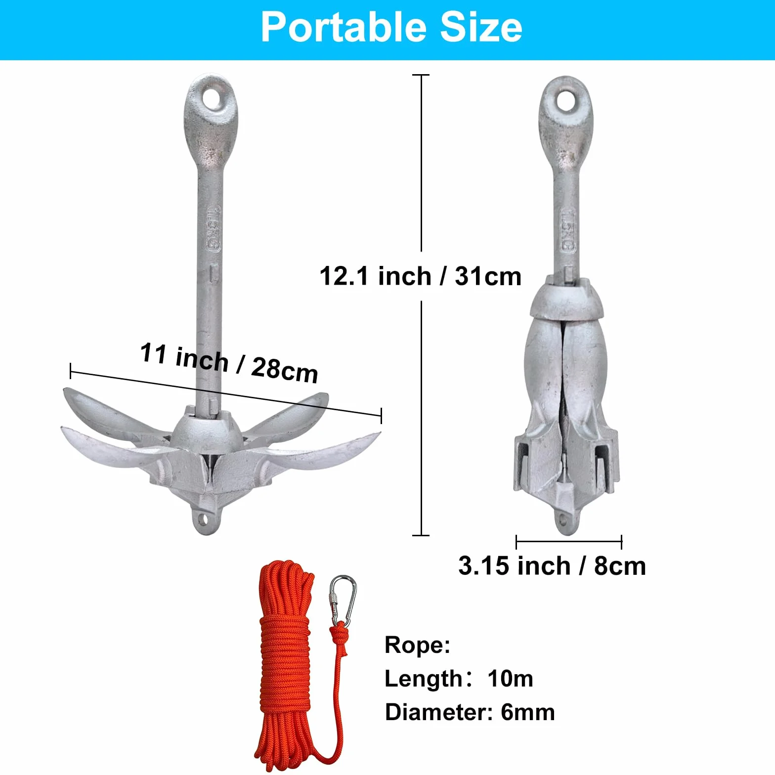 BeGrit 1.5kg/3.3lb kotwica składana do skutera wodnego kajaka łódki wędkarskie gumowy jacht kajakowy, Składany zestaw kotwiczny z pływakiem, zamkiem, liną 10m