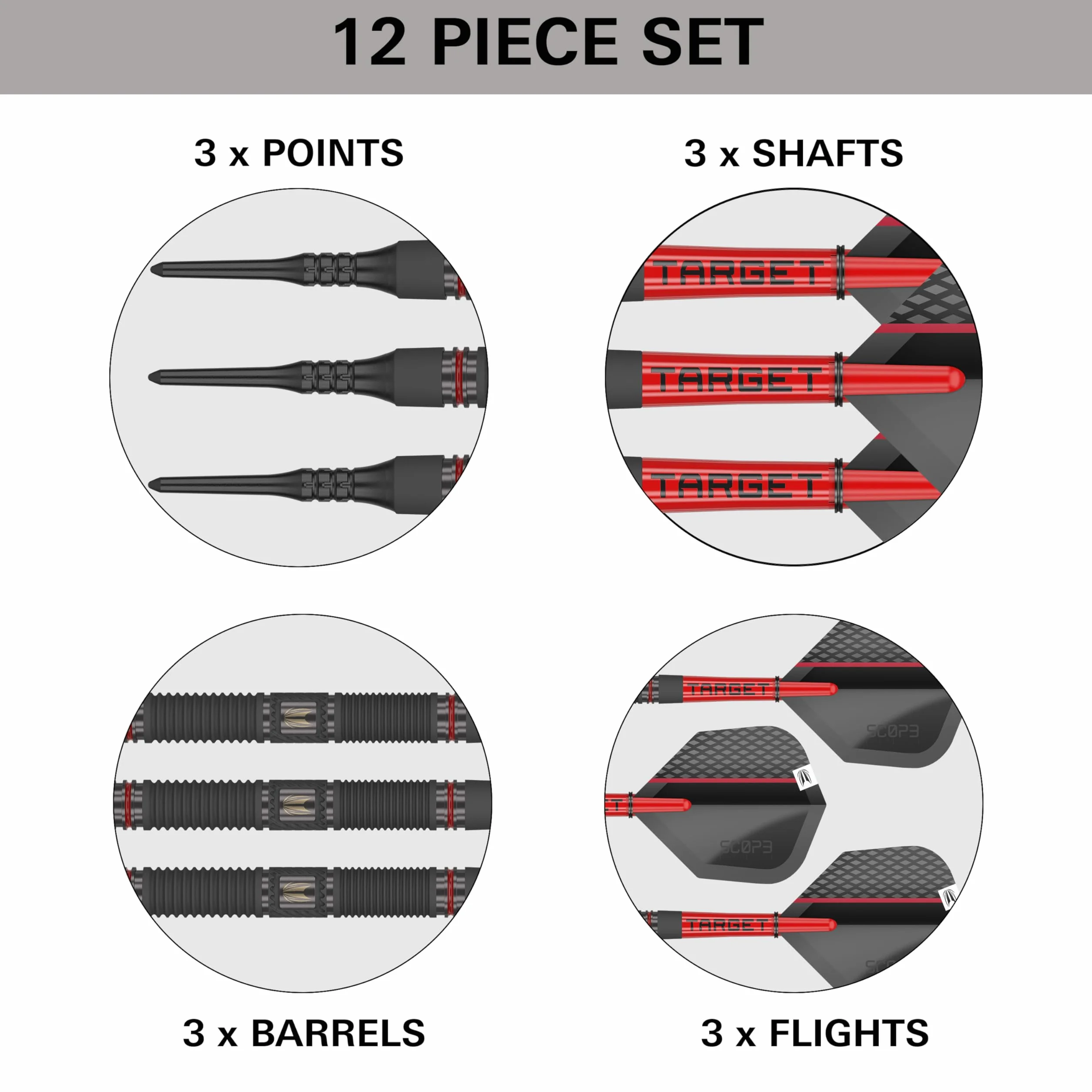 Target Darts Scope Soft Tip Darts, zestaw rzutek z 90% wolframu, czerwono-czarne, pikselowe końcówki, 10-21G