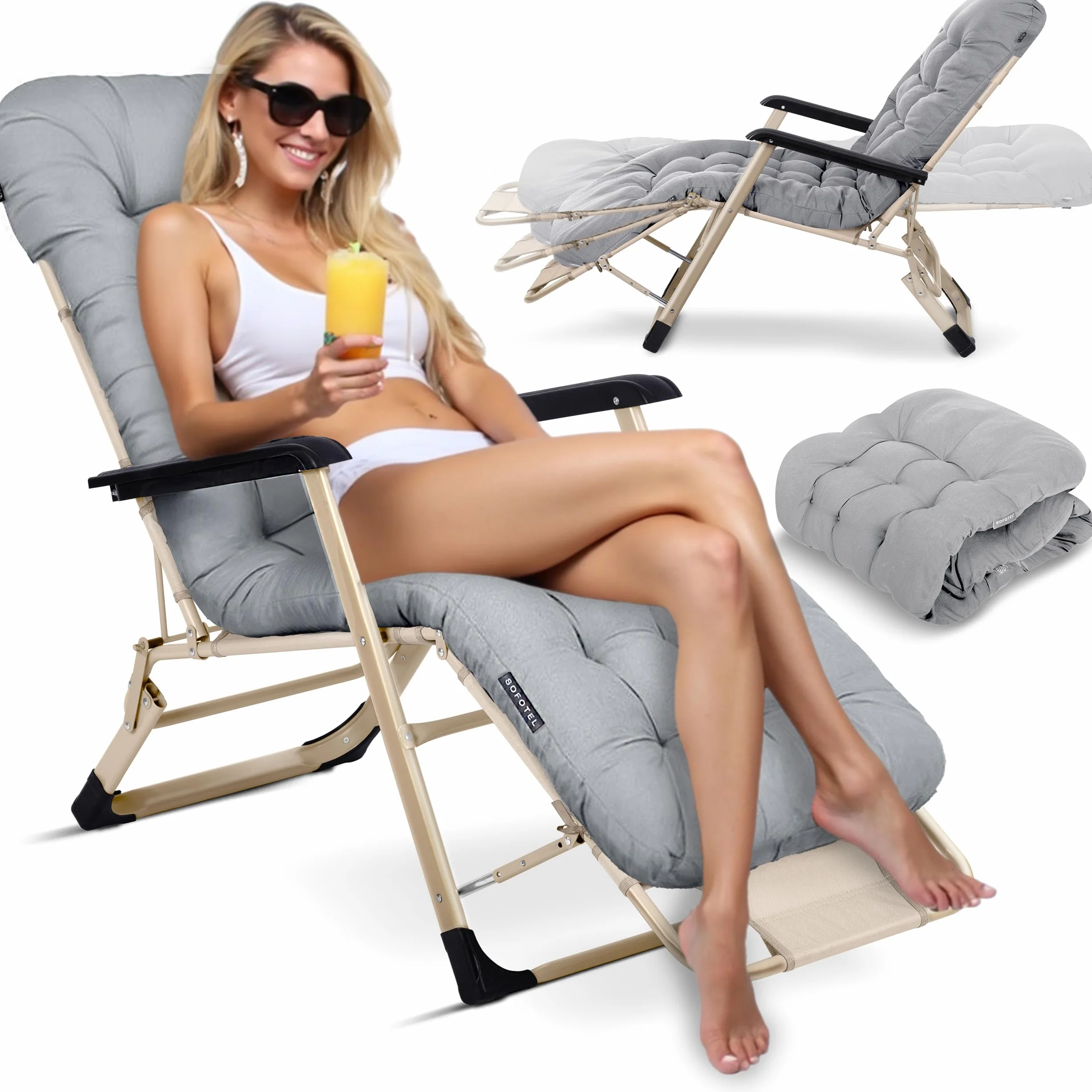 Składany Leżak Ogrodowy Leżak Plażowy Z Poduchą i Podgłówkiem Do 120 kg Szaro-Beżowy ChillWell Luxury
