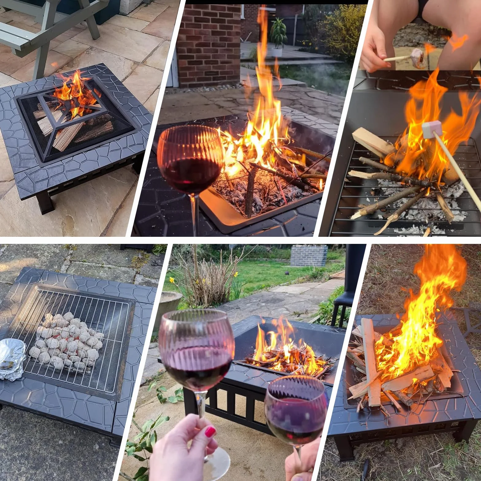 TLSUNNY Palenisko Z Rusztem Do Grillowania, 3 W 1, Z Ochroną Przed Iskrami, Kosz Paleniskowy Z Plandeką Przeciwdeszczową, Kwadratowy, Na Taras, Taras, Kemping, Ognisko, 81 X 81 X 45 cm