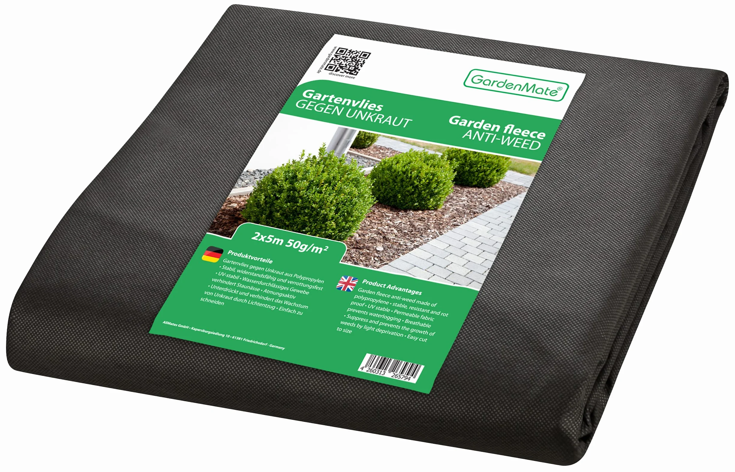 GardenMate – włóknina ogrodowa 2 m x 5 m, 50g/m² – odporna na rozrywanie agrowłóknina ściółkująca – wysoka stabilizacja UV – przepuszczająca wodę – 2 m x 5 m = 10 m²