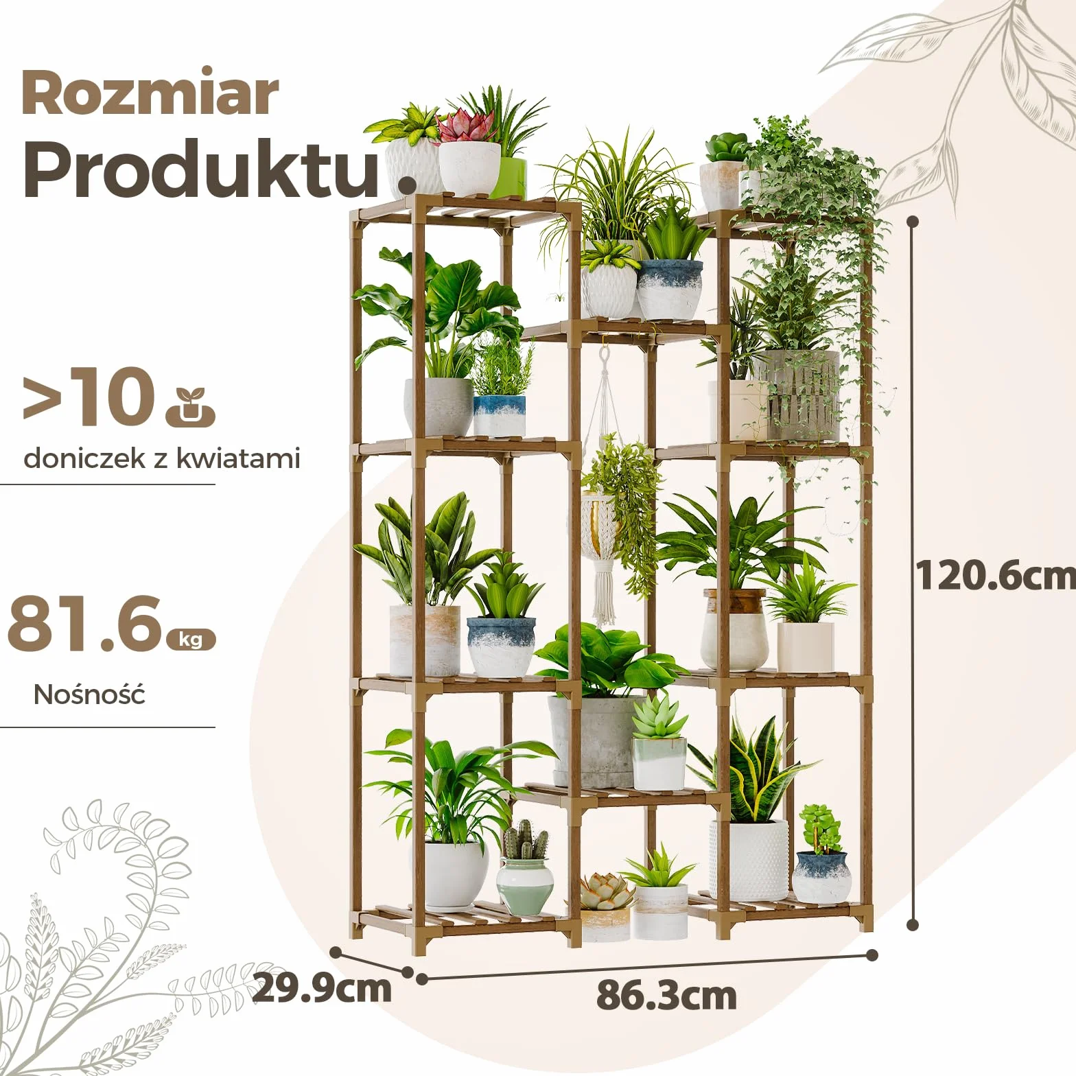 BAMWORLD Drewniana Wisząca Półka na Rośliny - Duży Stojak na Doniczki do Salonu/Tarasu/Balkonu, Brązowa Dekoracja Ogrodowa i Wnętrzowa