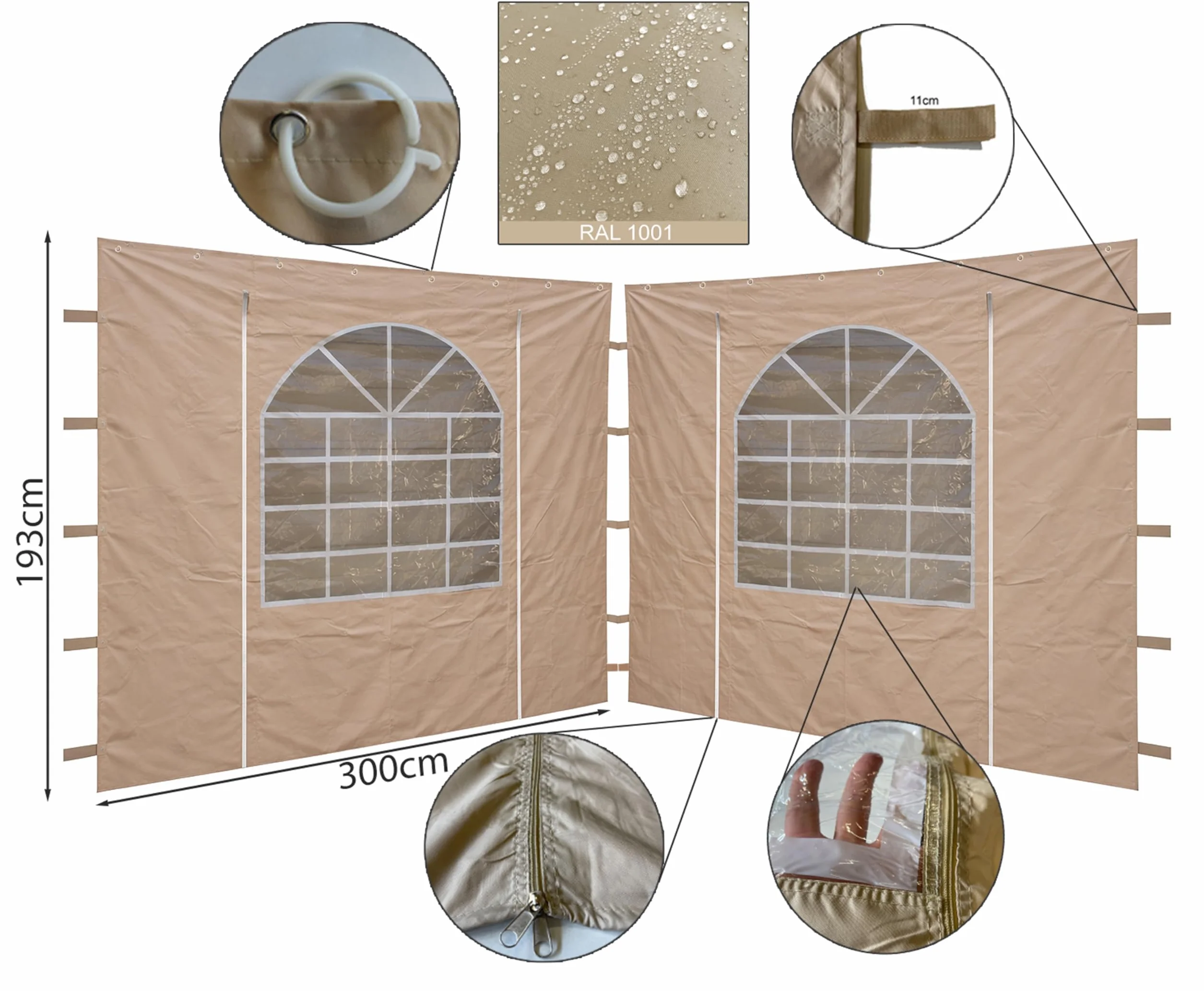 QUICK STAR 2 panele boczne z okienkiem z PCW, 300 x 193 cm, do pawilonu Sahara 3 x 3 m, piaskowy