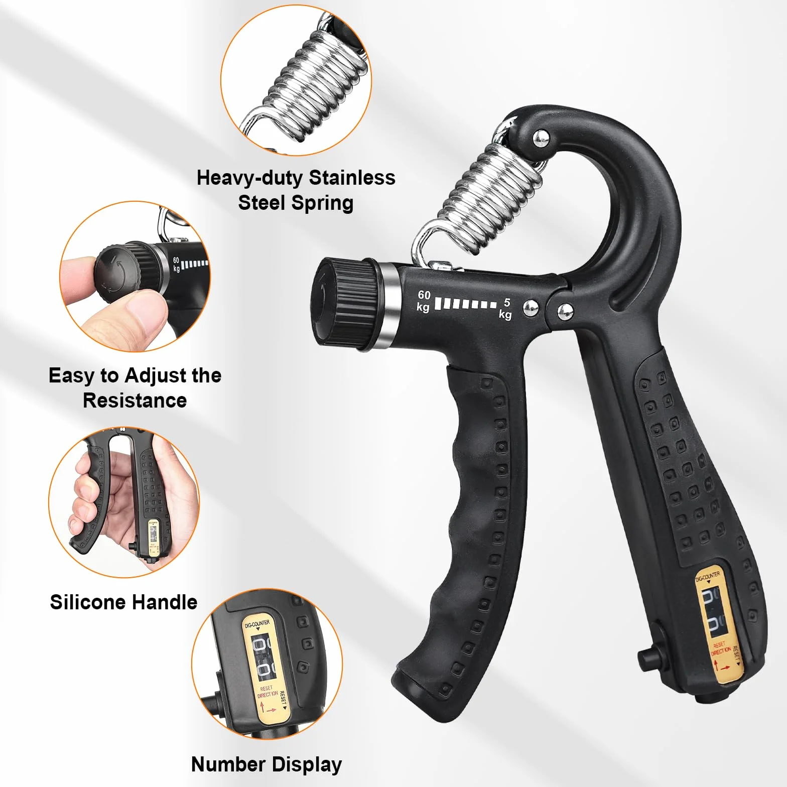 GRIFEMA GA5003 Hand Grip, Regulowany Trener Dłoni 5-60kg z Funkcją Licznika, do Treningu Uchwyty, Czarny