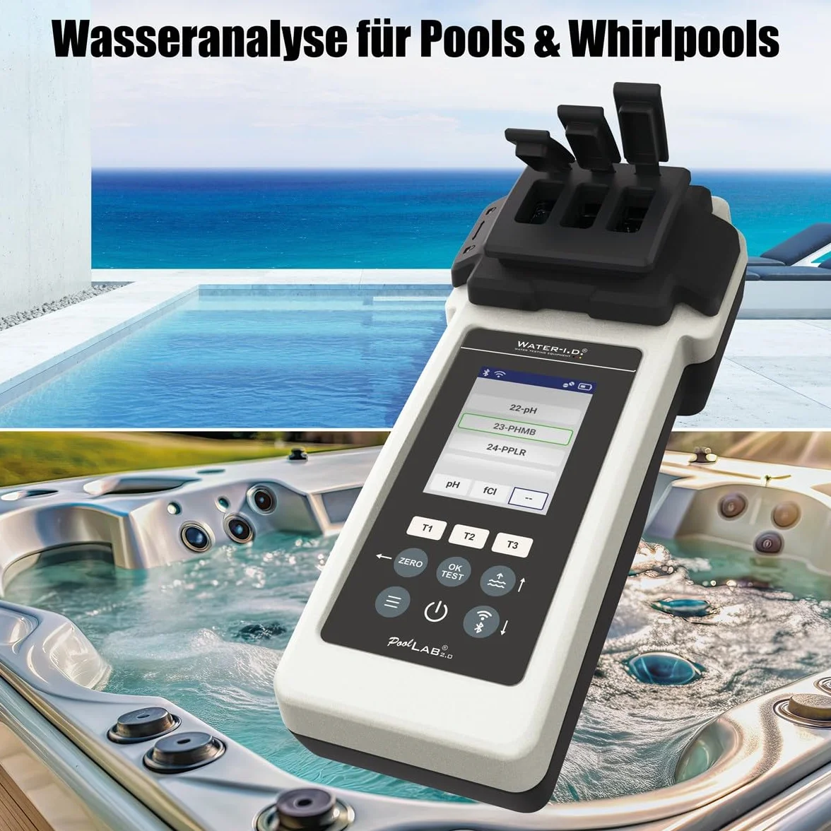 POWERHAUS24 PoolLAB 2.0 Special Edition, 70 + 170 odczynników (łącznie 240), 4 długości fali, 24 parametry, Bluetooth, WiFi, kolorowy wyświetlacz 2,4 cala, do basenów i jacuzzi