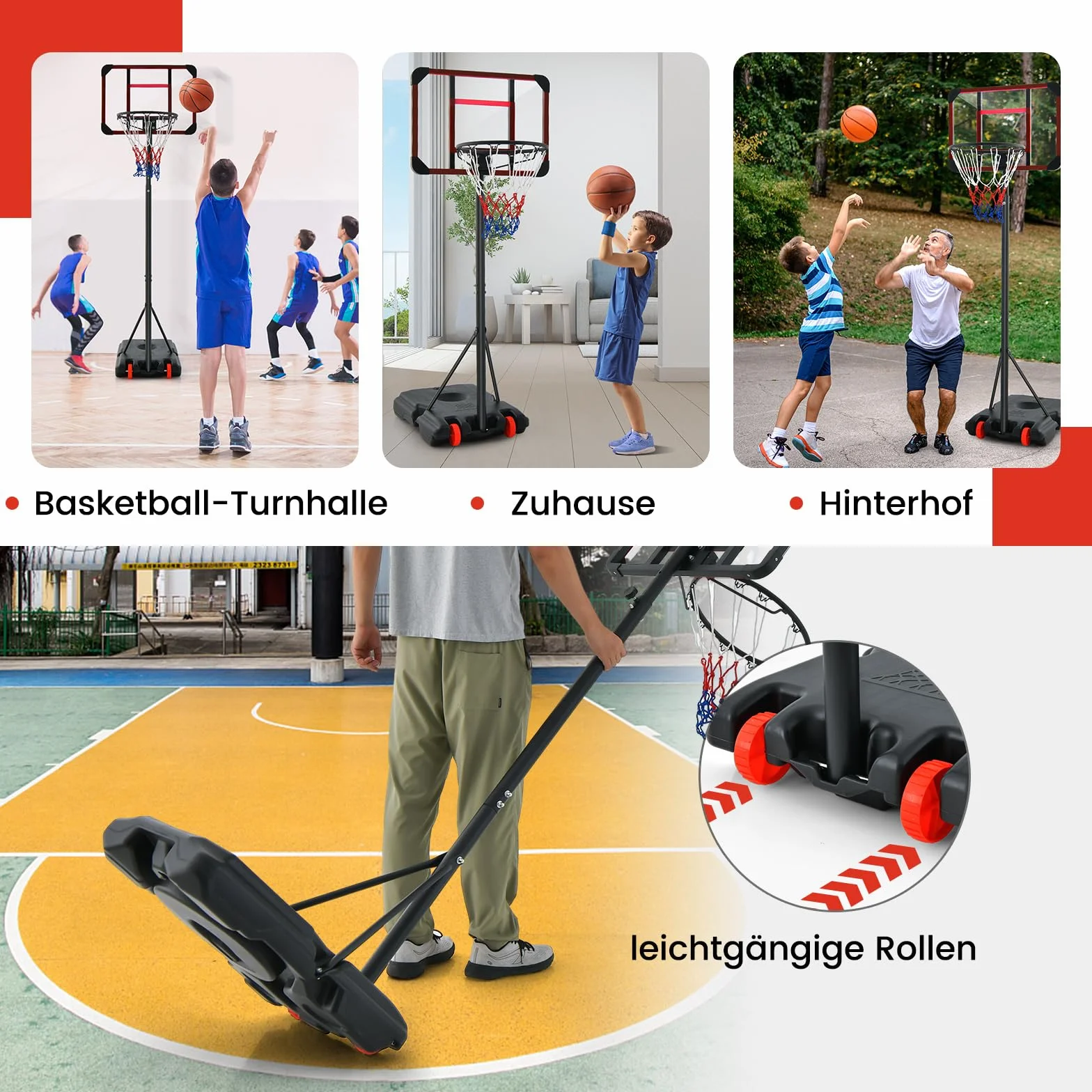 COSTWAY Kosz do koszykówki outdoorowy ze stojakiem, stojak do koszykówki 155-210 cm, z regulacją wysokości na kółkach, mobilny kosz z tylną ścianką PC i podstawą, zestaw do koszykówki dla dzieci i