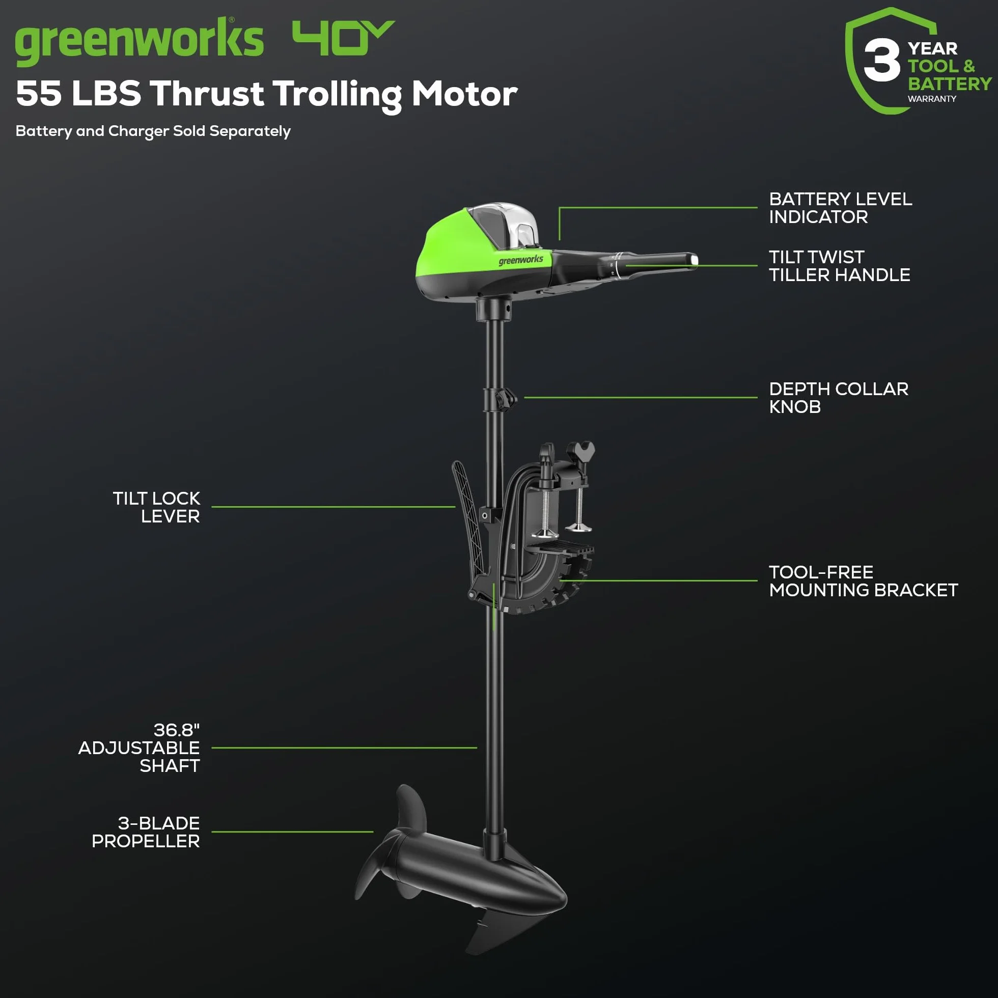 Greenworks G40TM55 akumulatorowy silnik zaburtowy