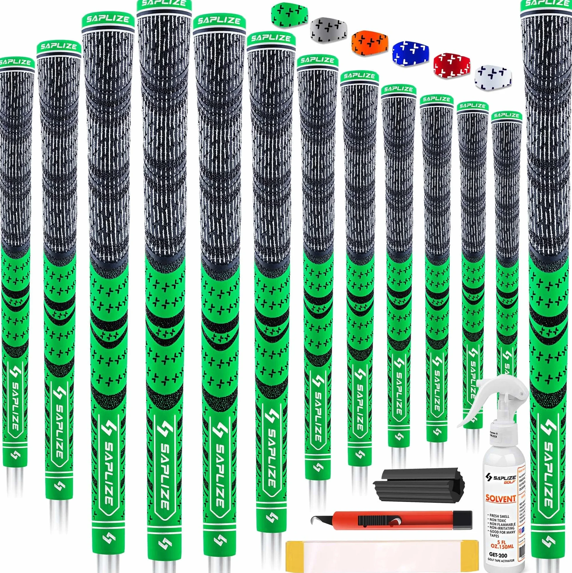 SAPLIZE CL03 Zestaw 13 hybrydowych uchwytów golfowych, zestaw podstawowy (13 uchwytów) lub zestaw Deluxe (13 uchwytów z zestawem rozpuszczalnikowym), 6 kolorów, standardowy / średni rozmiar, uchwyty
