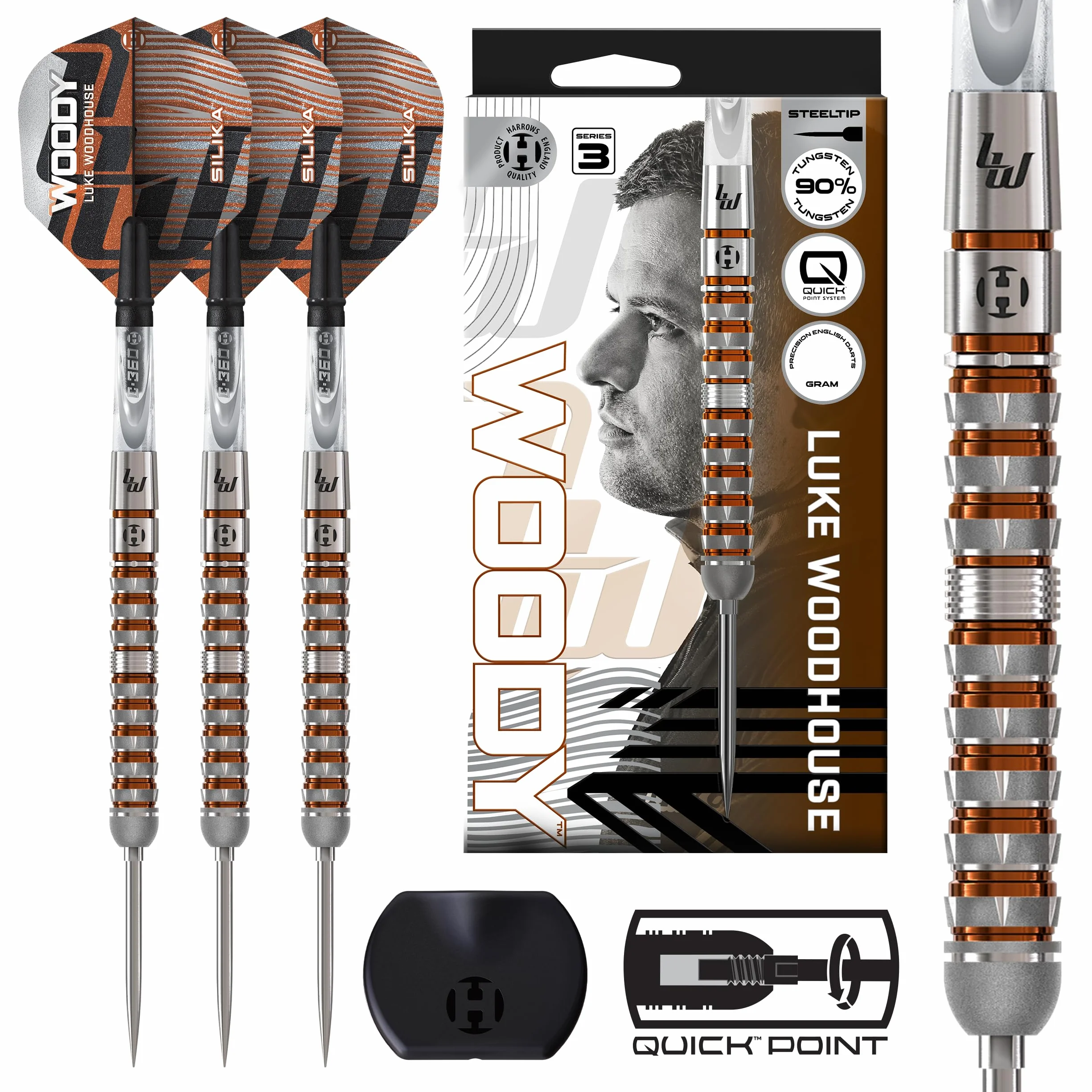 Harrows Luke Woodhouse Woody rzutki 90% wolframu, ze stalową końcówką, Quick Point, 21g-25g