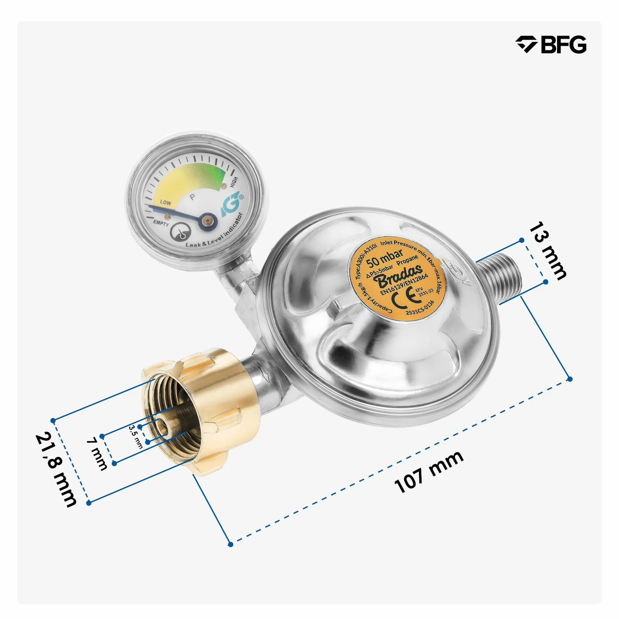 BFG reduktor gazowy z manometrem 50 mbar 1,5 kg/h, z zaworem bezpieczeństwa i manometrem GZ 1/4"L I Idealny do użytku domowego, na grilla, camping
