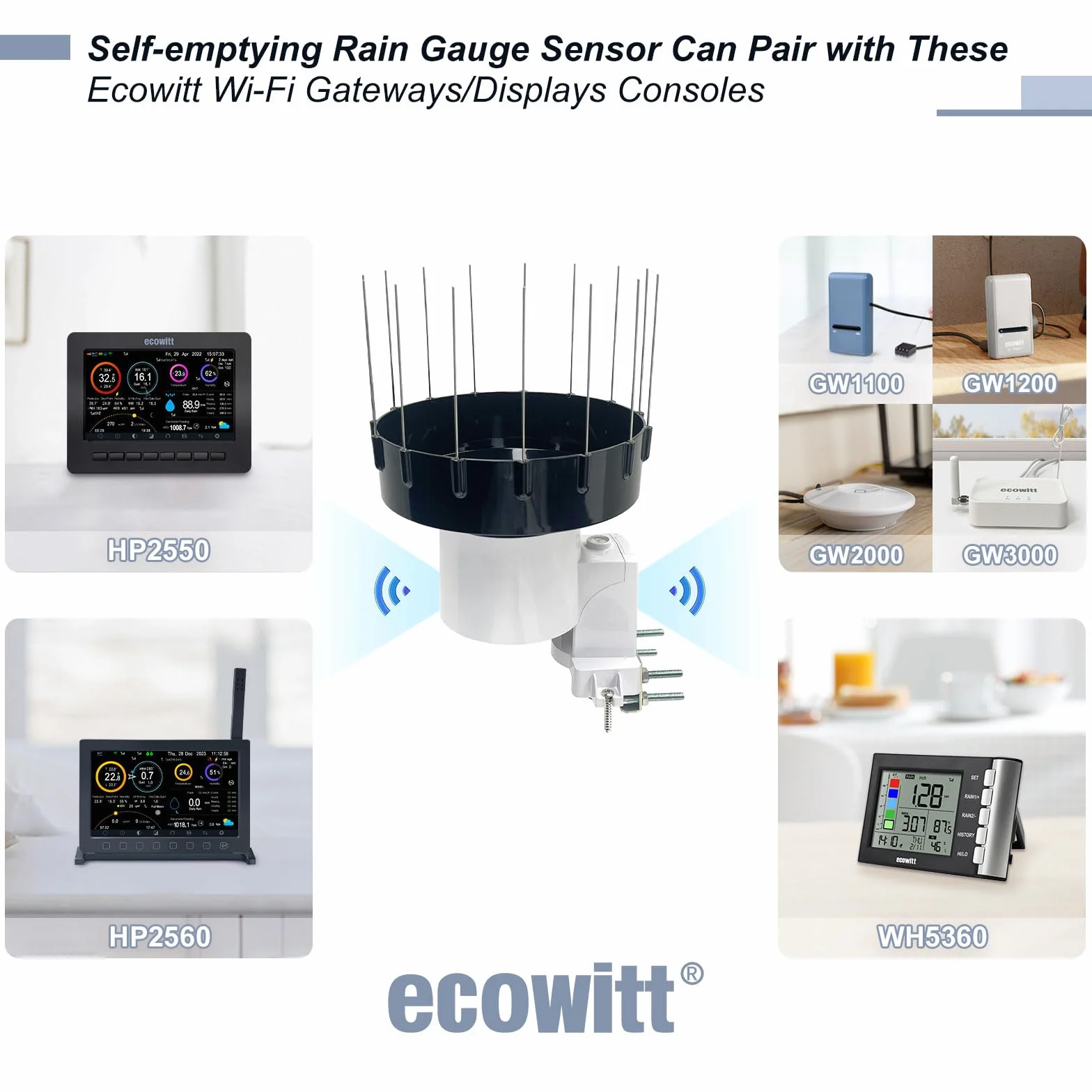 ECOWITT Deszczomierz WH40H, domowy samoopróżniający się, bezprzewodowy deszczomierz, czujnik deszczu WiFi, rejestrowanie opadów za pomocą kolców ptaków, nie może być używany samodzielnie