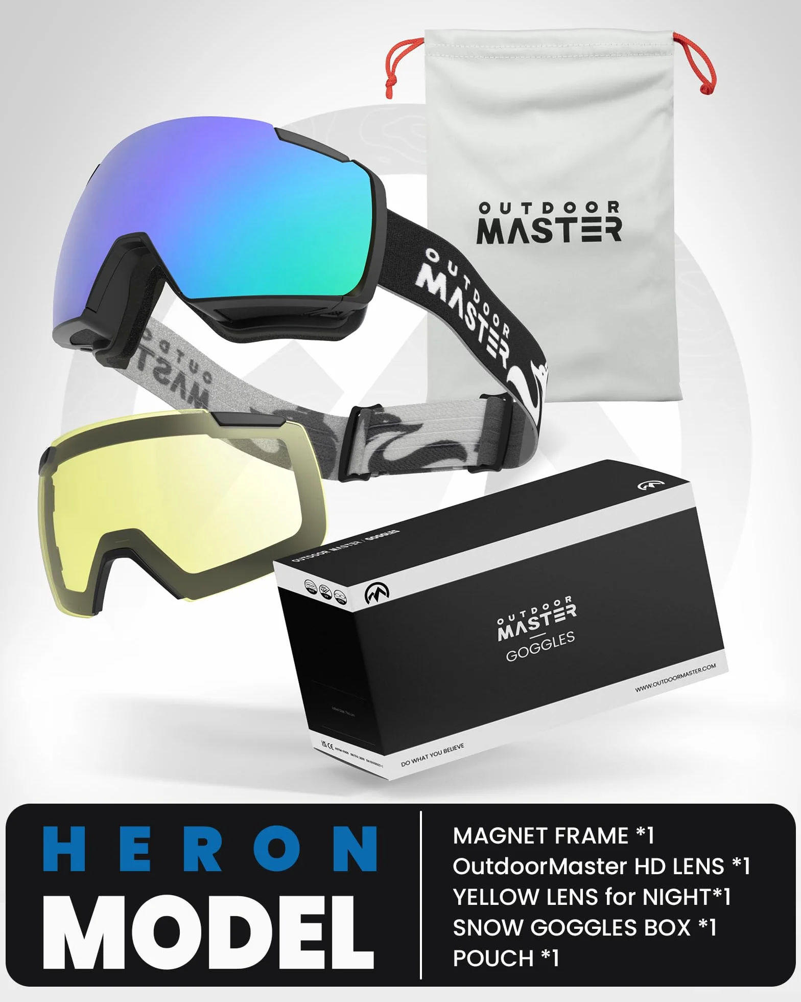 Gogle narciarskie OutdoorMaster Heron z 2 soczewkami, bezramkowe, magnetyczne wymienne soczewki toryczne HD, gogle snowboardowe OTG dla mężczyzn i kobiet, 100% ochrona przed promieniowaniem UV
