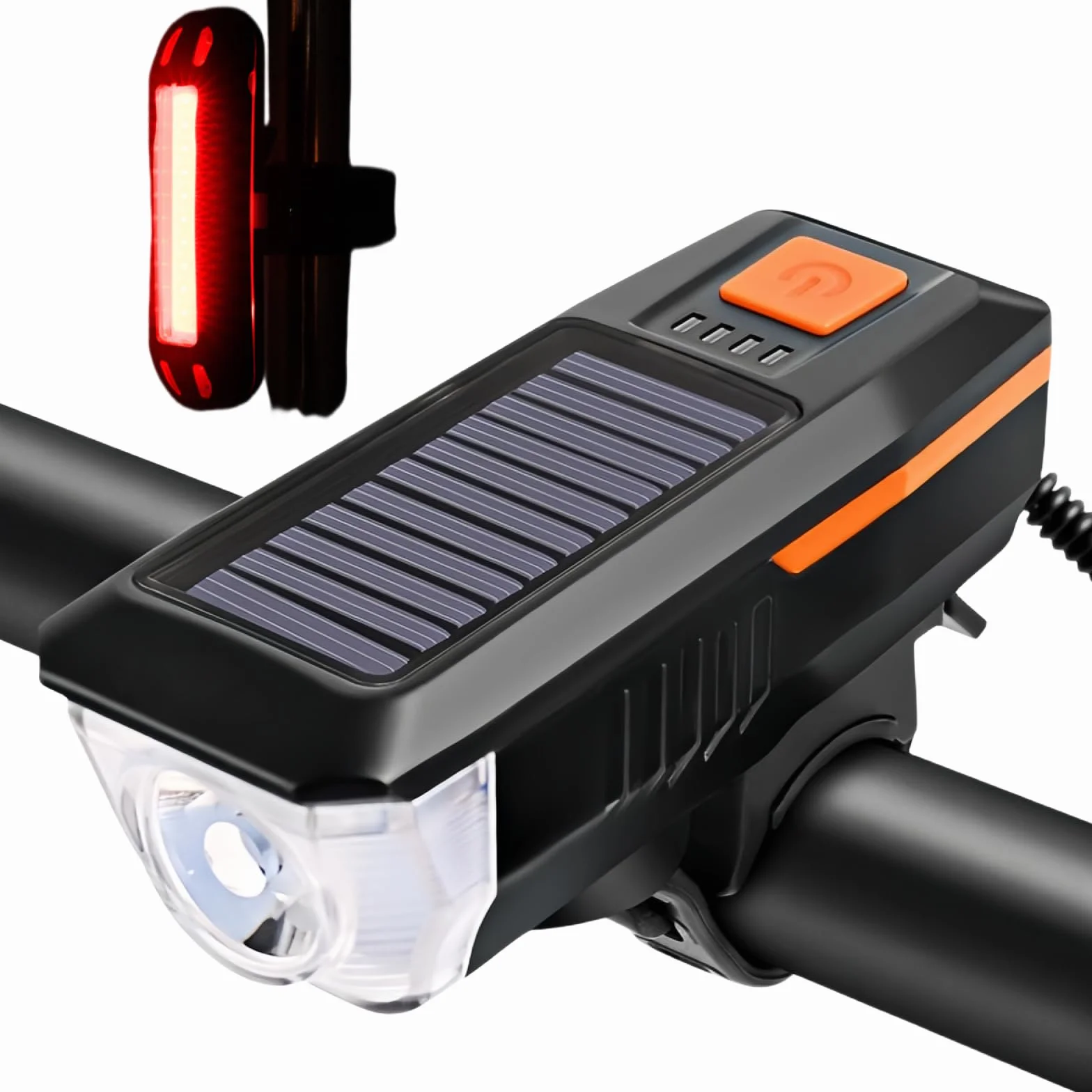 Światło przednie do roweru, zasilanie energią słoneczną, 3 tryby pracy, reflektor LED i wodoszczelny dzwonek, ładowanie przez USB, idealne do rowerów szosowych i górskich