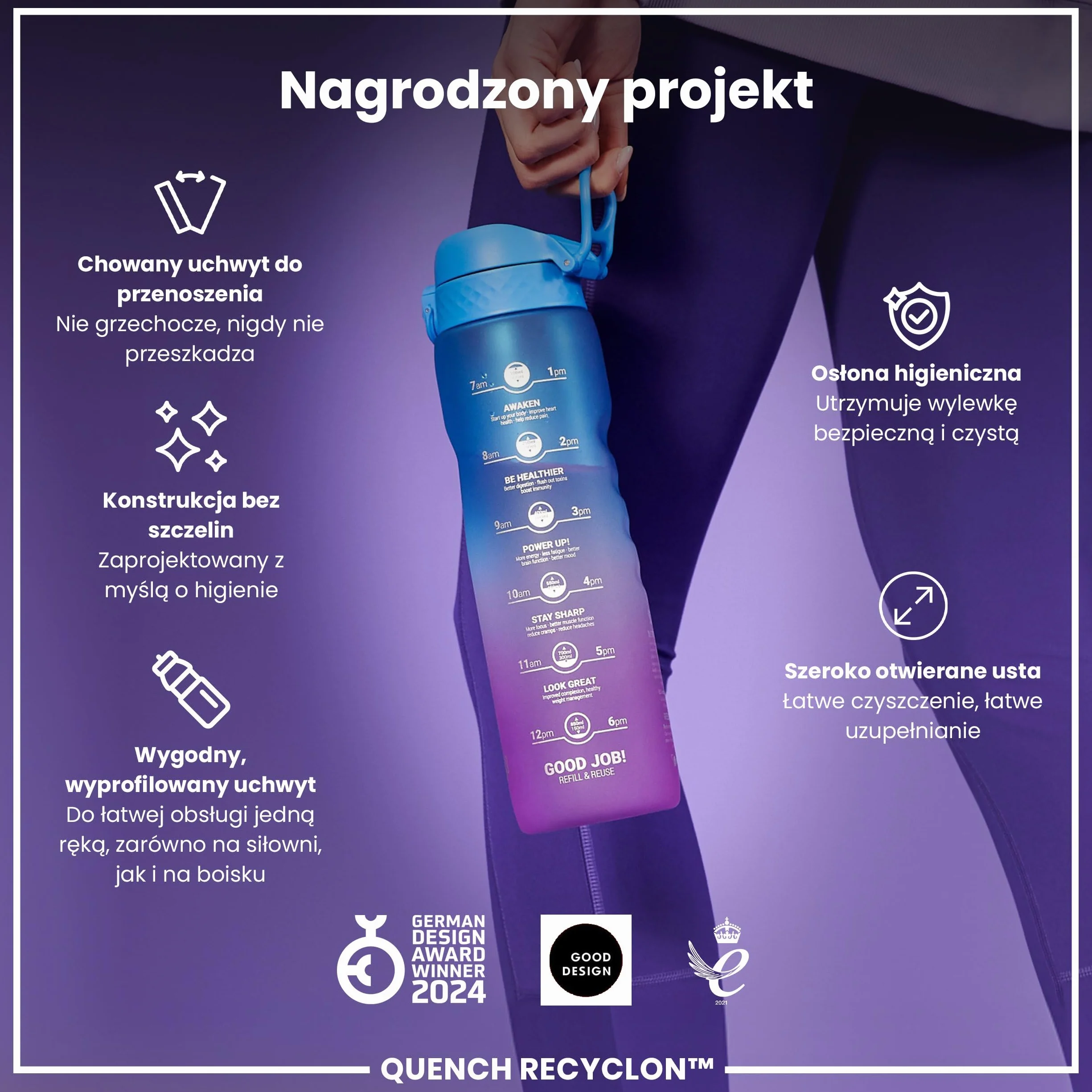 ION8 Butelka na Wodę 1 L z Oznaczeniami Czasu Picia, Łatwe Otwieranie, Uchwyt, Można Myć w Zmywarce, Niebieski Różowy