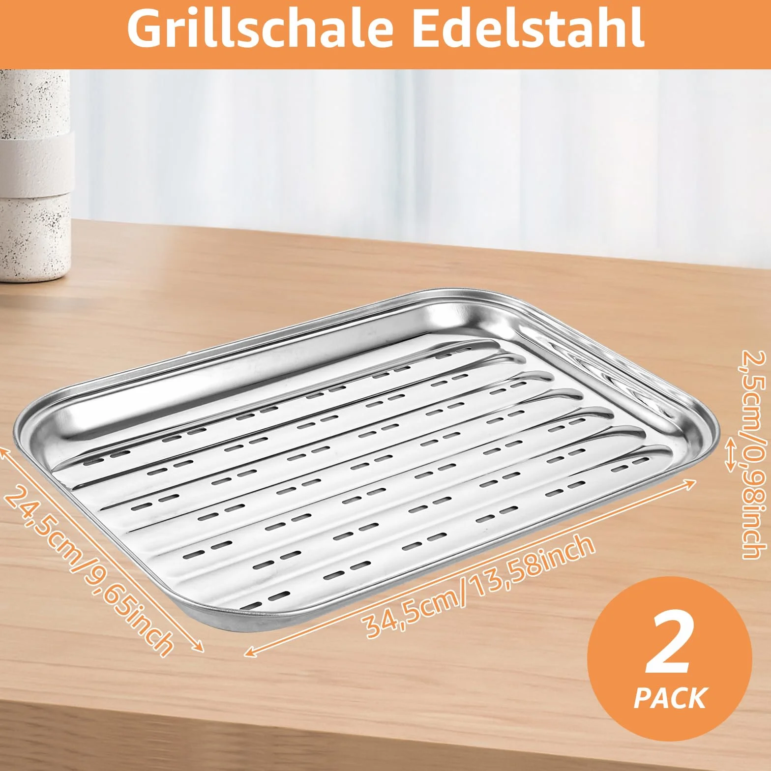 2 sztuki tacki do grillowania wielokrotnego użytku, prostokątne naczynia do grilla z stali nierdzewnej, perforowane, 34,5 x 24,5 cm, do grilla gazowego i węglowego, mięsa, warzyw