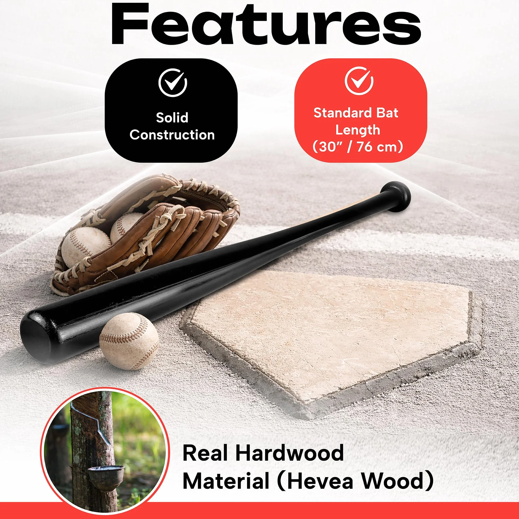 Redfield Kij baseballowy - ekologiczne lite drewno - 76 cm - 2 kolory do wyboru - czarny lub naturalne drewno