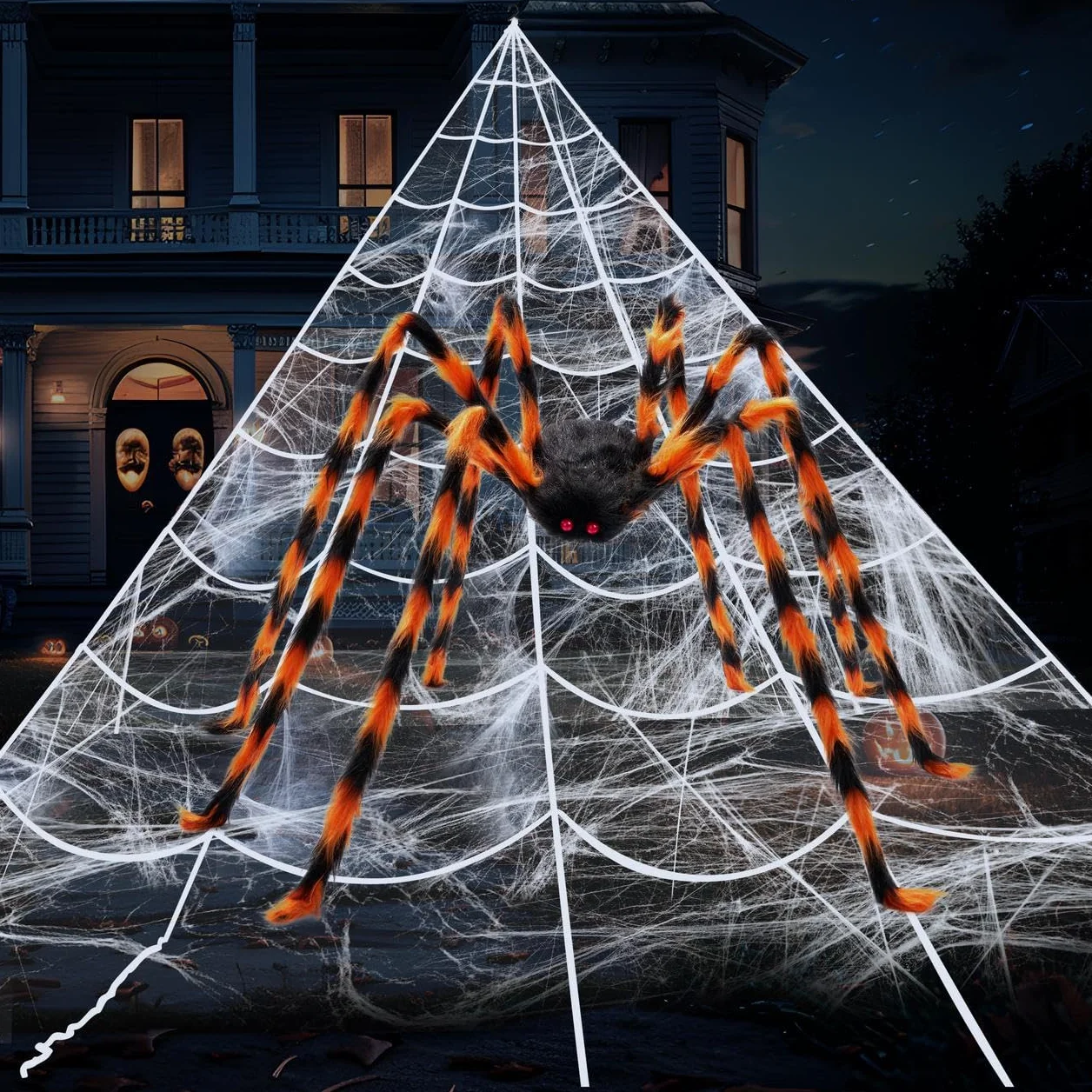 JOYIN Dekoracja pajęczyny na Halloween, 150 cm, duży pająk 4,0 x 4,8 m, duża trójkątna sieć pajęczyna, idealna do nawiedzonych domów wewnątrz i na zewnątrz, na imprezy halloweenowe i cmentarskie