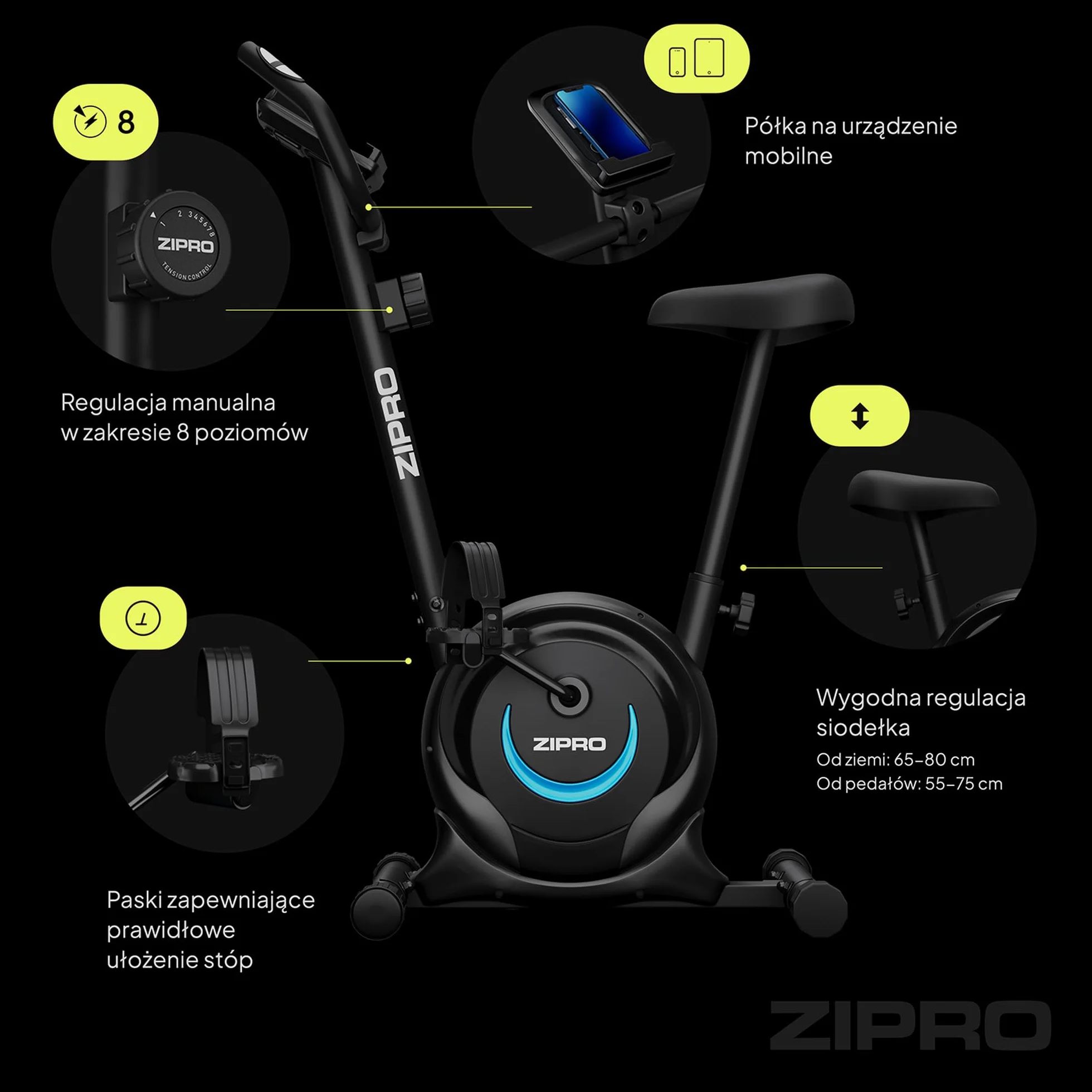 ZIPRO Rower Treningowy z 8 Stopniowym Oporem Magnetycznym, Uchwytem na Telefon, Wyświetlaczem LCD, Regulowanym i Wygodnym Siodełkiem, Lekki Rower Stacjonarny do Treningu Cardio w Domu (One S)