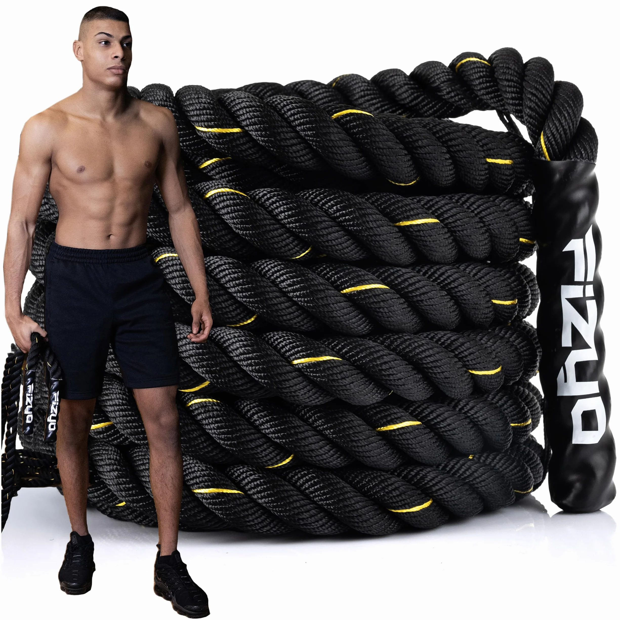 Fizyo Profesjonalna Lina Treningowa z Powlekanymi Końcówkami 9m - Battle Rope do Treningu Funkcjonalnego, Siłowego, Wytrzymałościowego i Koordynacyjnego, Uderzeniowa Lina Zamachowa do Ćwiczeń