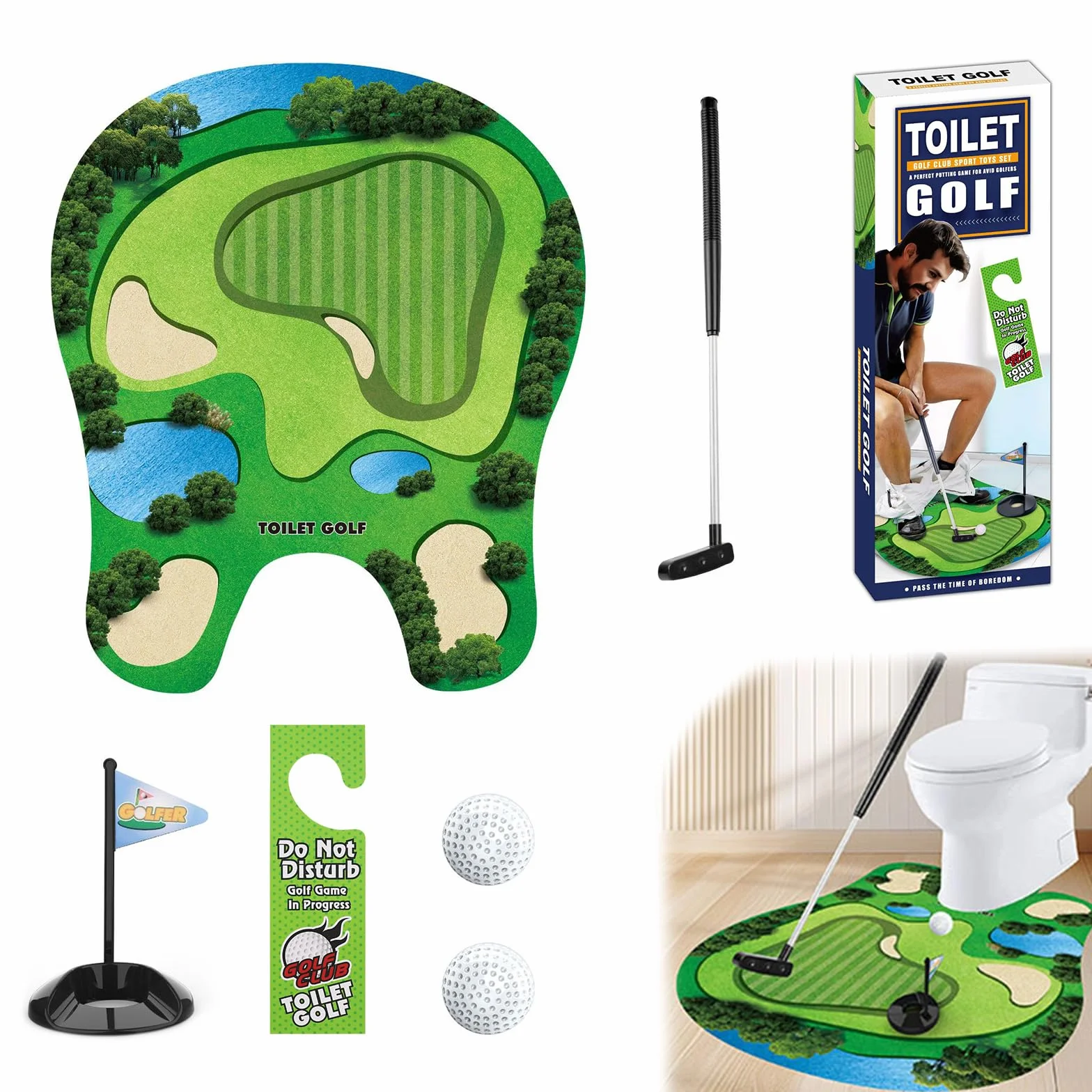 Zestaw prezentowy do golfa toaletowego, mini golf dla mężczyzn, do łazienki, zabawna gra w golfa z kijem golfowym, matą do stawiania, 2 piłkami i zawieszką na drzwi, oryginalny pomysł na prezent na