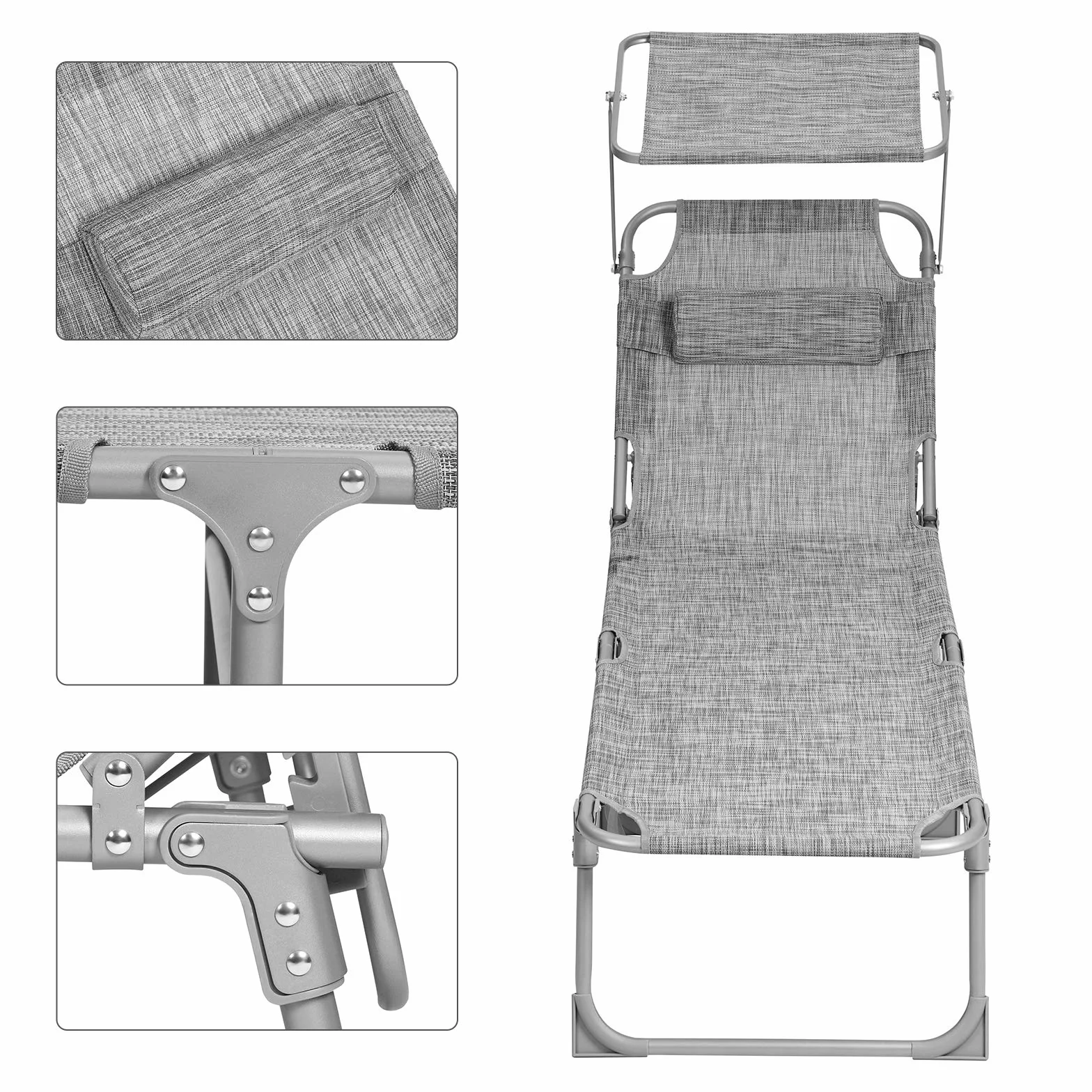 SONGMICS GCB19T składany leżak plażowy, 53 x 193 x 29 cm, obciążenie do 150 kg, ochrona przed słońcem, zagłówek, regulowane oparcie, do ogrodu, na basen, taras, szary melanż, GCB19T