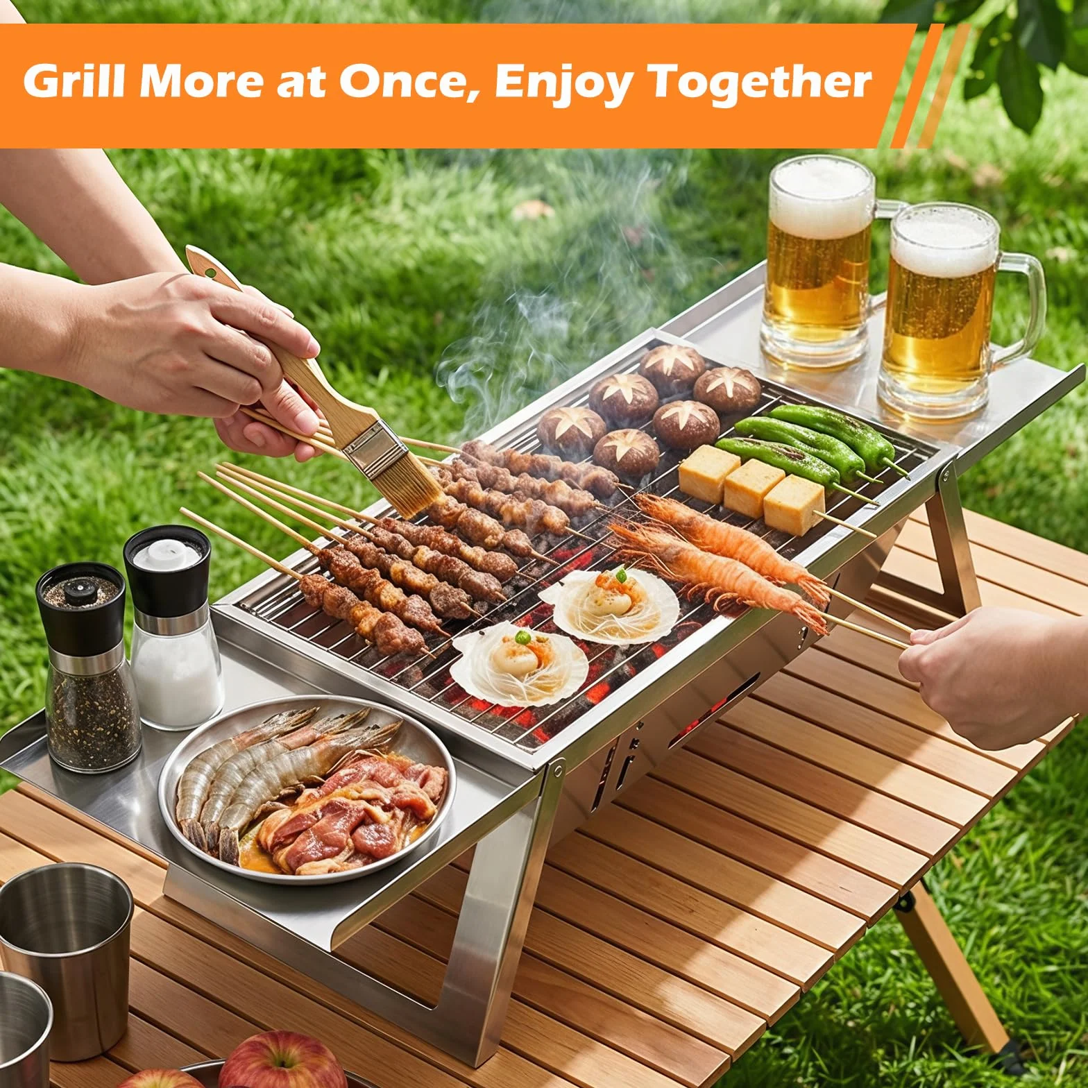 Przenośny, składany grill na węgiel drzewny – kompaktowy grill stołowy i podłogowy z żelaza, na kemping, piknik, plażę i do ogrodu, w zestawie torba na grill, rękawiczki i popielnik, idealny dla 2-5