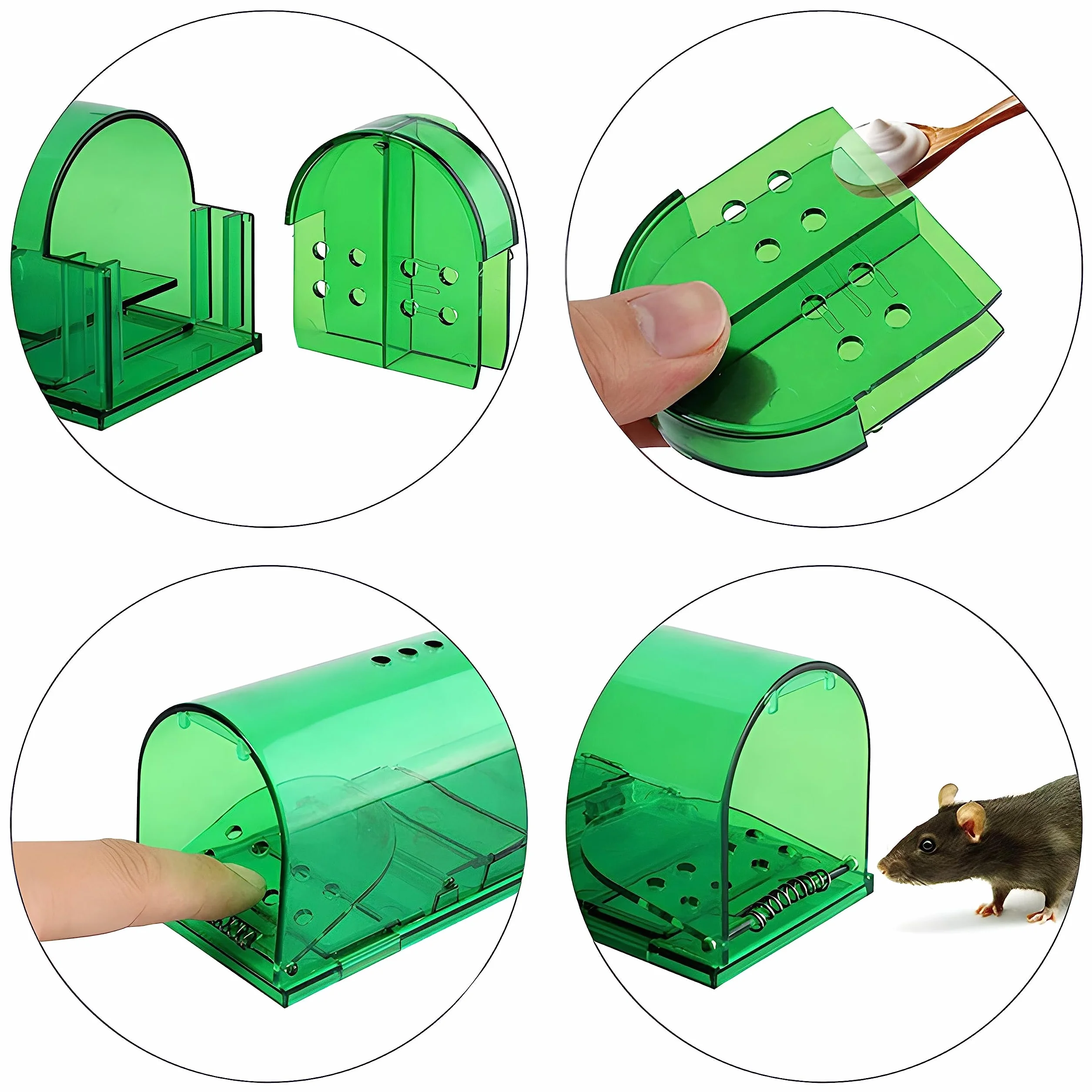 Retoo Pułapka na myszy wielokrotnego użytku 2 Pack z otworami powietrznymi, pułapka na żywo do użytku w pomieszczeniach na zewnątrz, przyjazne dla zwierząt i przyjazne dla dzieci klatki zielona