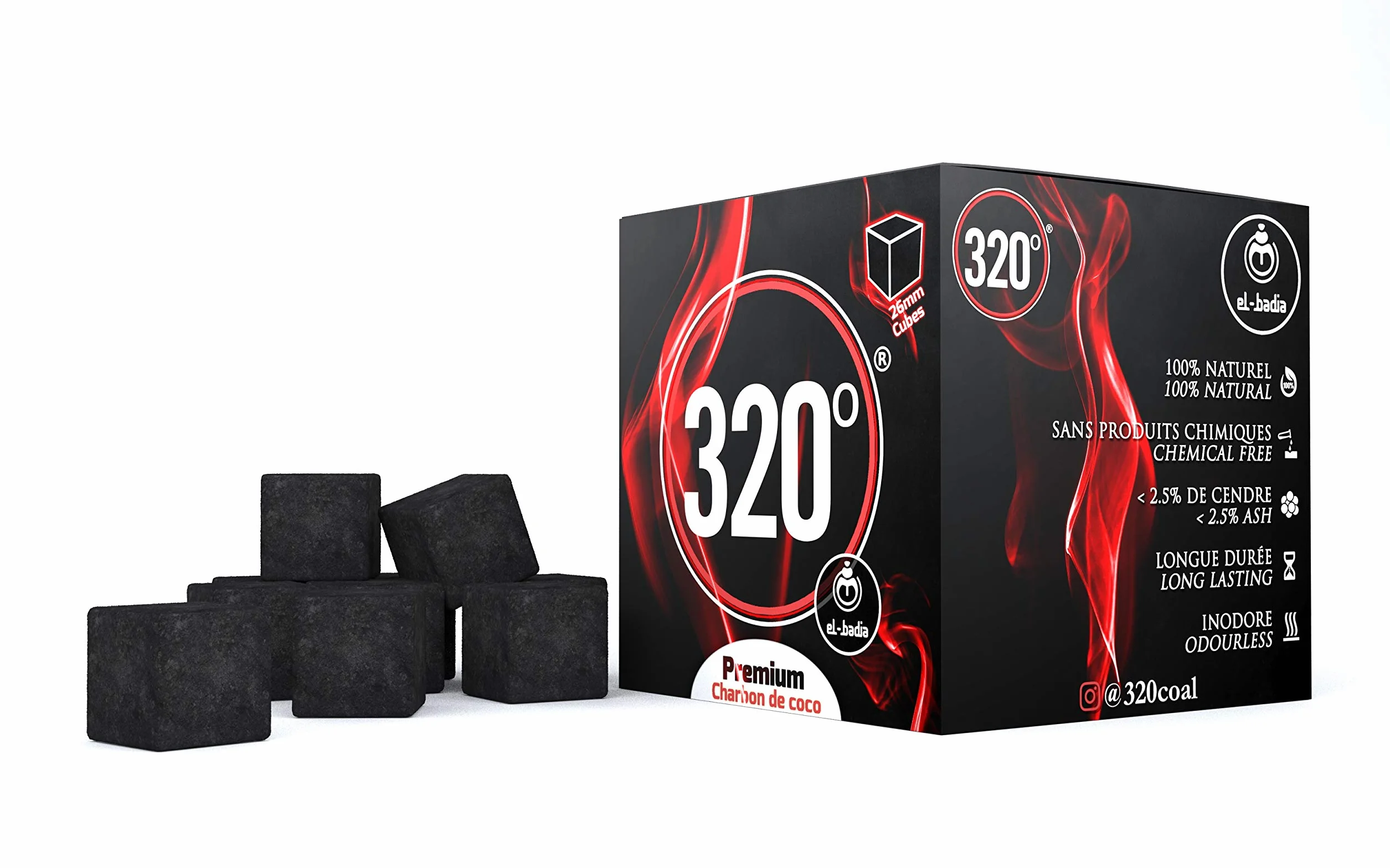 320° Premium Shisha węgiel kokosowy (kostka 26 mm) do grilla fajki wodnej - 1 kg - 64 sztuki bez nikotyny
