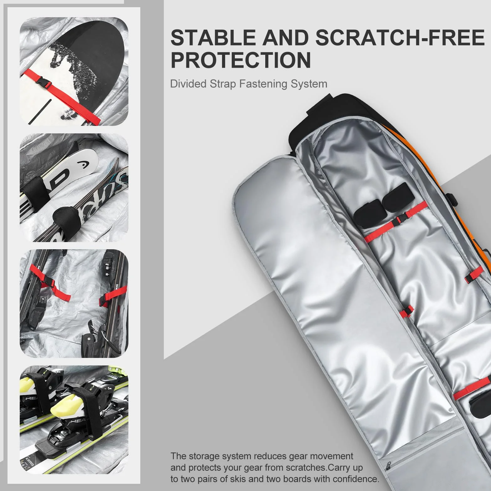 Odoland Torba na narty, wyściełana torba snowboardowa i torba na buty narciarskie z kółkami do podróży samolotem, wodoodporna tkanina Oxford 900D, pasuje do nart do 170/190 cm