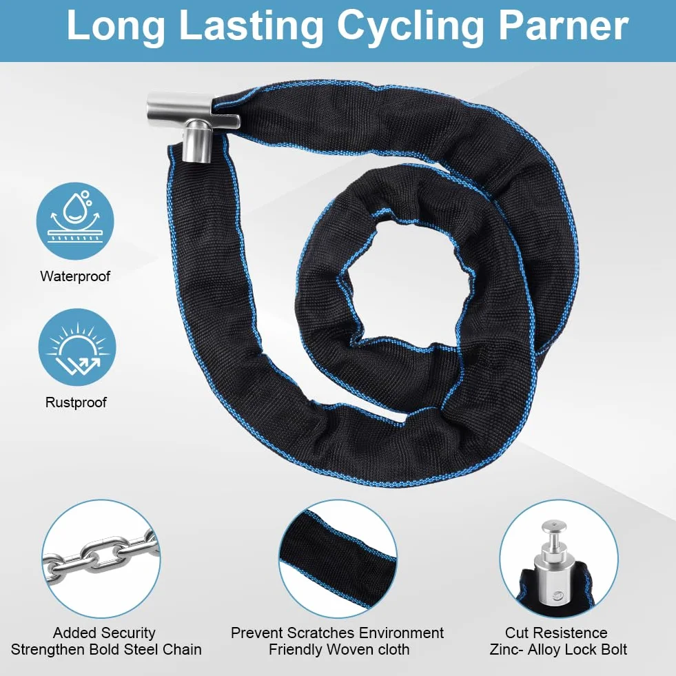 Zamek rowerowy z 2 kluczami, ciężki łańcuch rowerowy 85 cm, zabezpieczenie przed kradzieżą i wysokim bezpieczeństwem, z wodoodporną osłoną, stalowy łańcuch do roweru, motocyklu, MTB, drzwi
