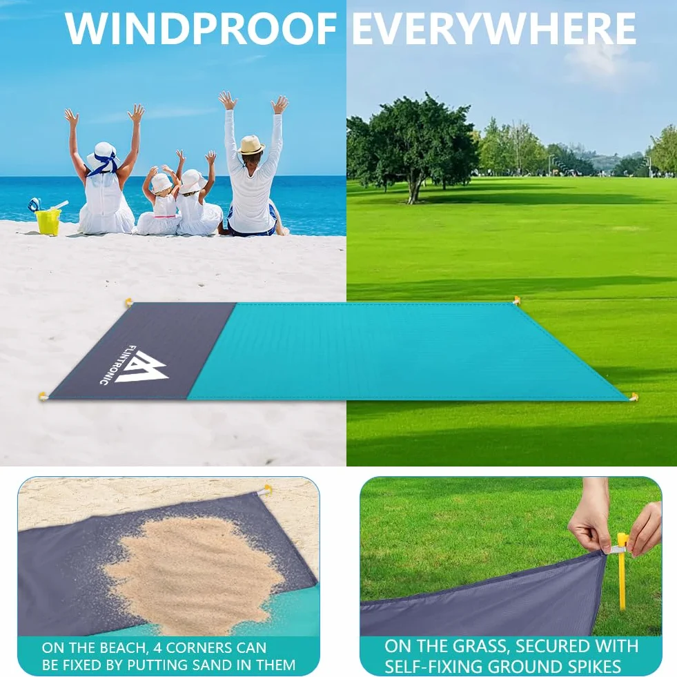 flintronic Koc plażowy, odporny na piasek, mata plażowa, bez piasku, duży koc piknikowy, wodoodporny, 210 x 200 cm, dla 4-6 dorosłych, na kemping, wędrówki, plażę, piknik