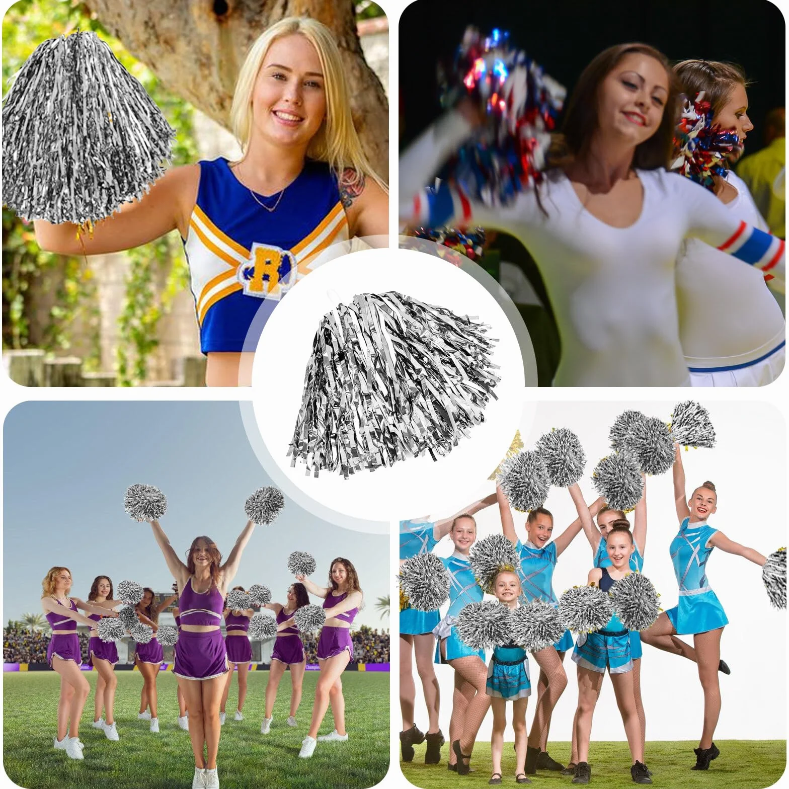 12 pomponów cheerleaderek: pompony cheerleaderki z uchwytami, piękne pompony cheerleaderki, wstążki kwiatowe, metaliczne pompony, cheerleaderki, do zawodów sportowych, tańca, dla dorosłych i dzieci