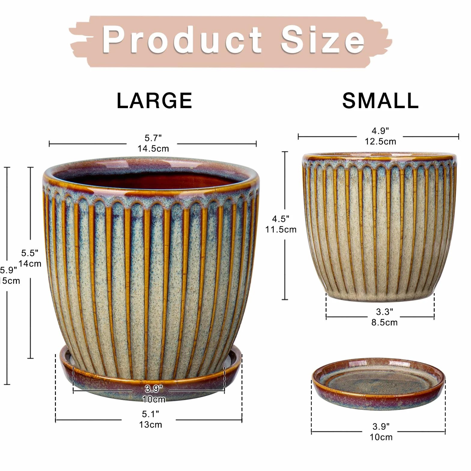 Oairse Zestaw 2 ceramicznych doniczek na rośliny, 13 cm, 15 cm, brązowa, ceramiczna donica z otworami drenażowymi i spodkami, dekoracyjne doniczki w paski, do wnętrz, nowoczesne doniczki na sukulenty,