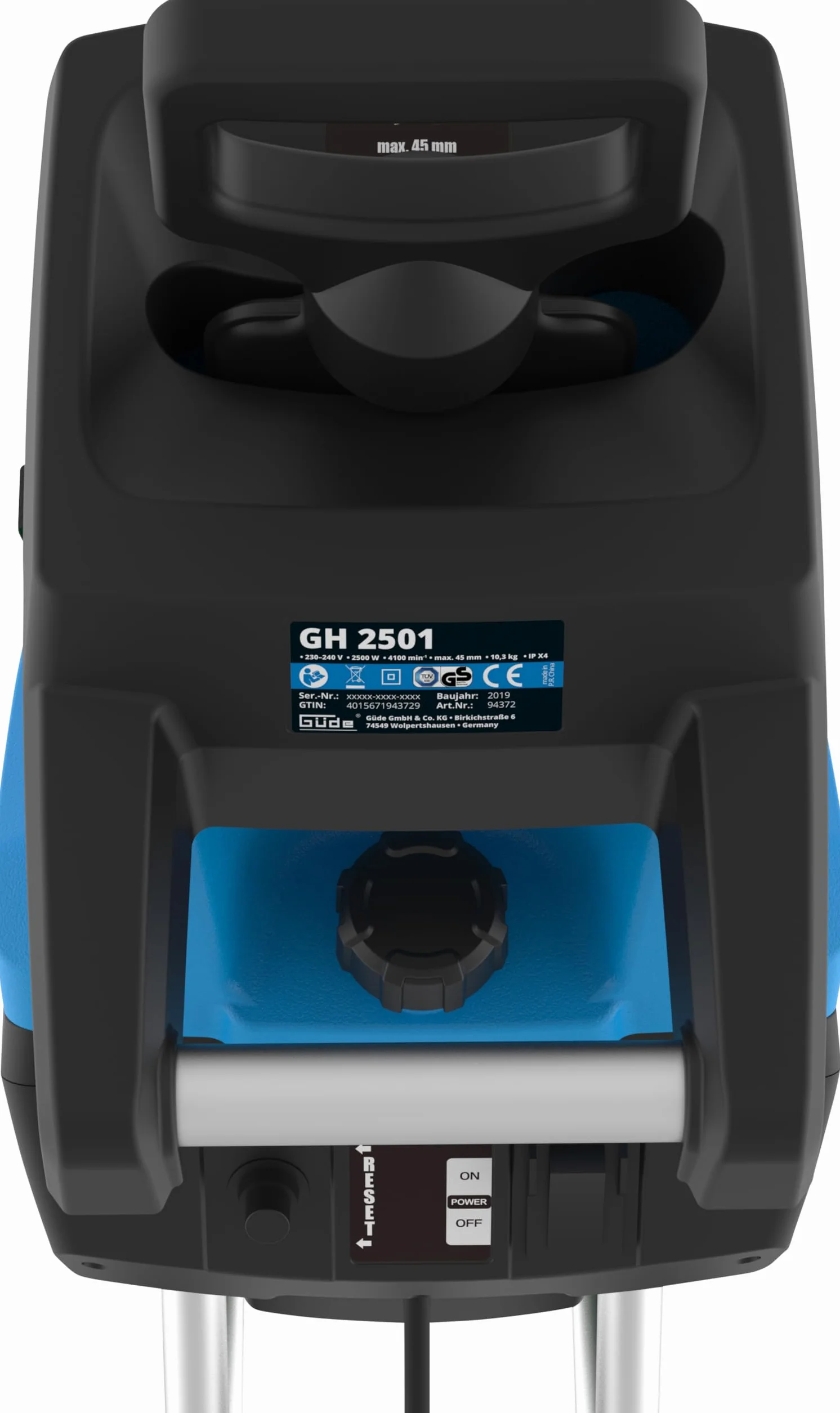 Güde Rozdrabniacz ogrodowy GH 2501 (2500 W, technologia nożowa, nie wymaga konserwacji, samoczynne zwijanie, koła transportowe, zabezpieczenie przed przeciążeniem, maks. grubość gałęzi 45 mm, w