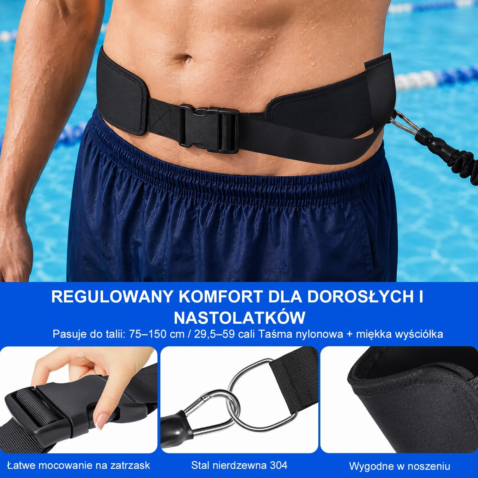 Pas oporowy do pływania 2,5-7,5 m czarny