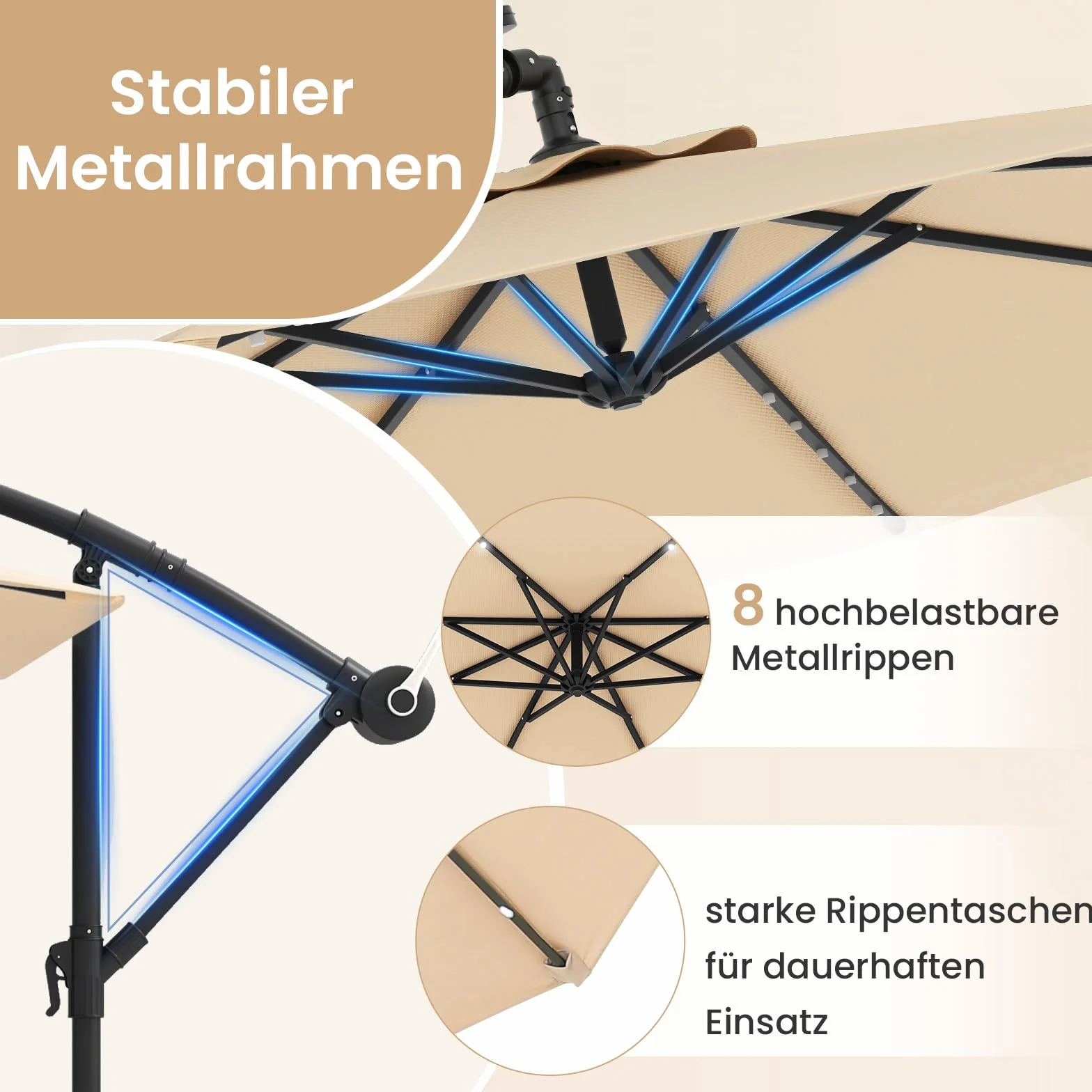 COSTWAY Parasol przeciwsłoneczny z workiem na piasek, 300 cm, z 40 solarnymi diodami LED i korbą, parasol ogrodowy, ochrona przed promieniowaniem UV, parasol na taras, do ogrodu, na basen, taras